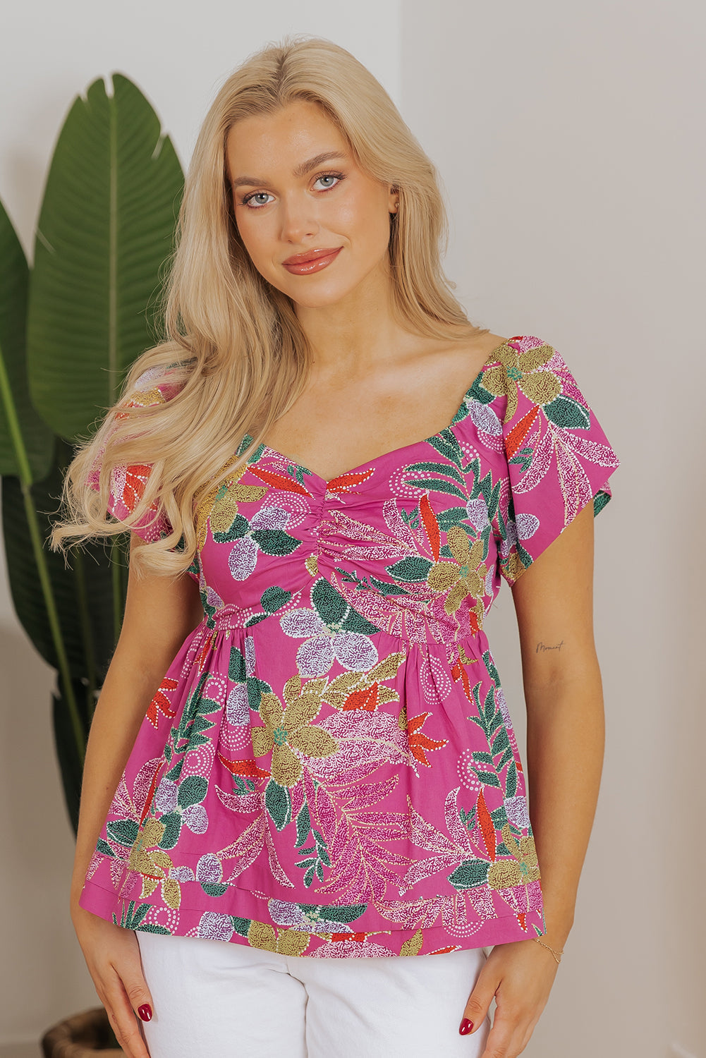 Purple Floral Print Sweetheart Neck Flutter Sleeve Blouse eAura