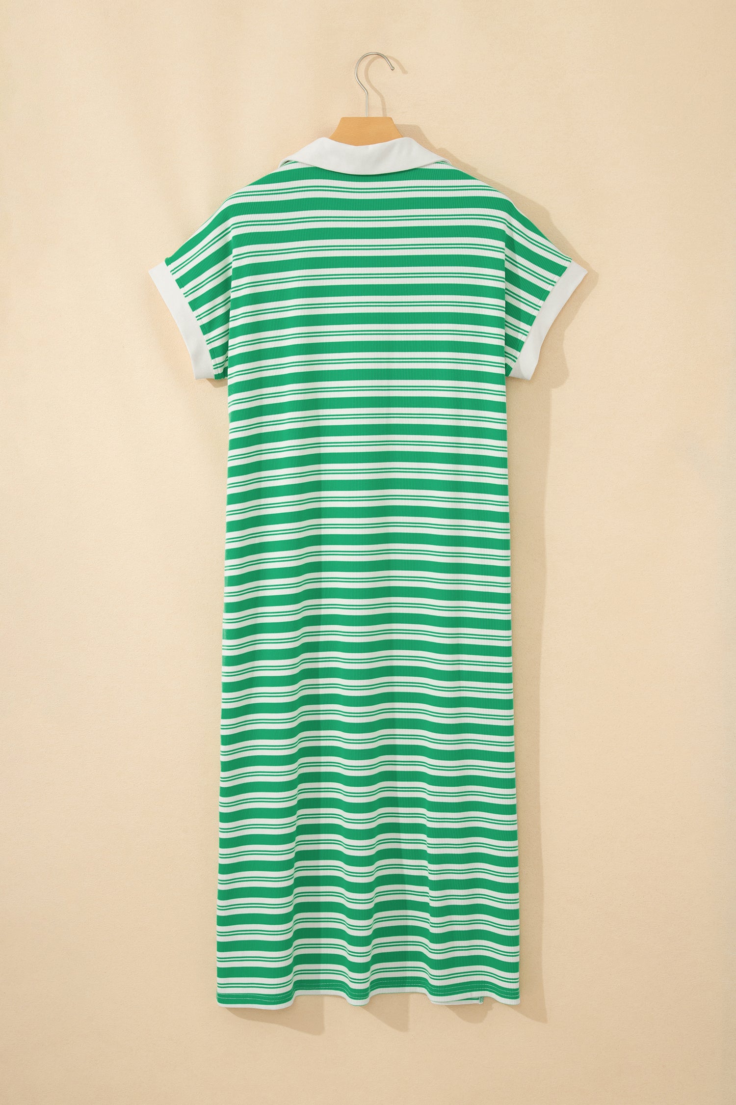 Stripe Collared V-Neck Short Sleeve T-Shirt Midi Dress with Pockets