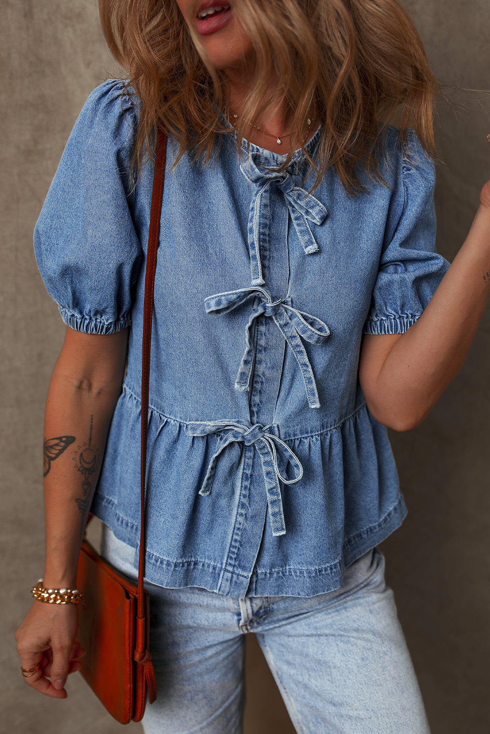 Dusk Blue Tied Front Bubble Sleeve Peplum Denim Shirt eAura