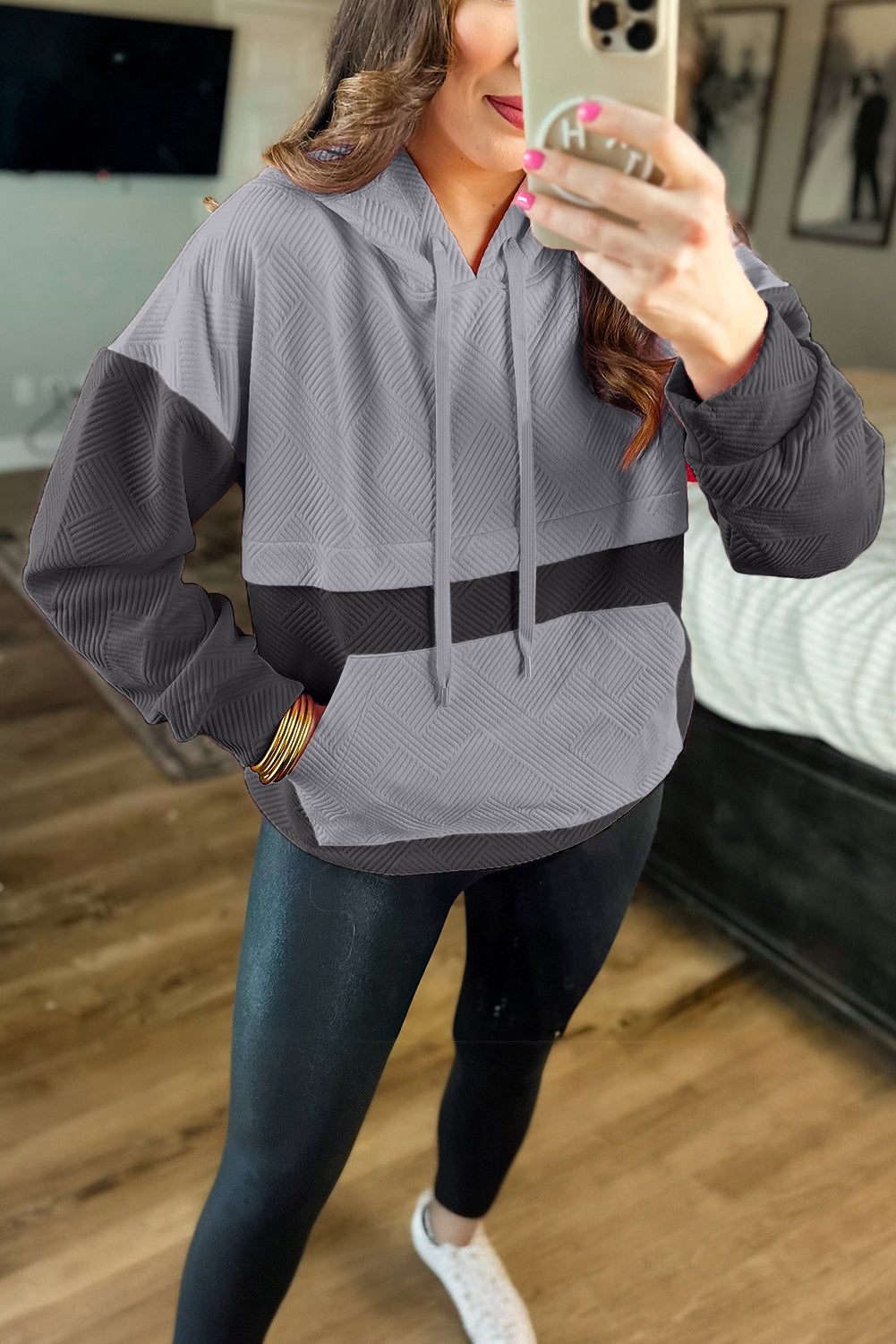 Pink Textured Colour Block Kangaroo Pocket Drop Shoulder Hoodie eAura