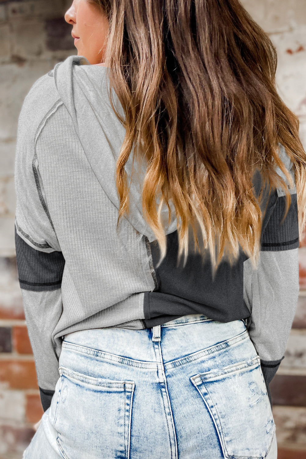 Grey Colourblock Seamed Ribbed Henley Hoodie eAura