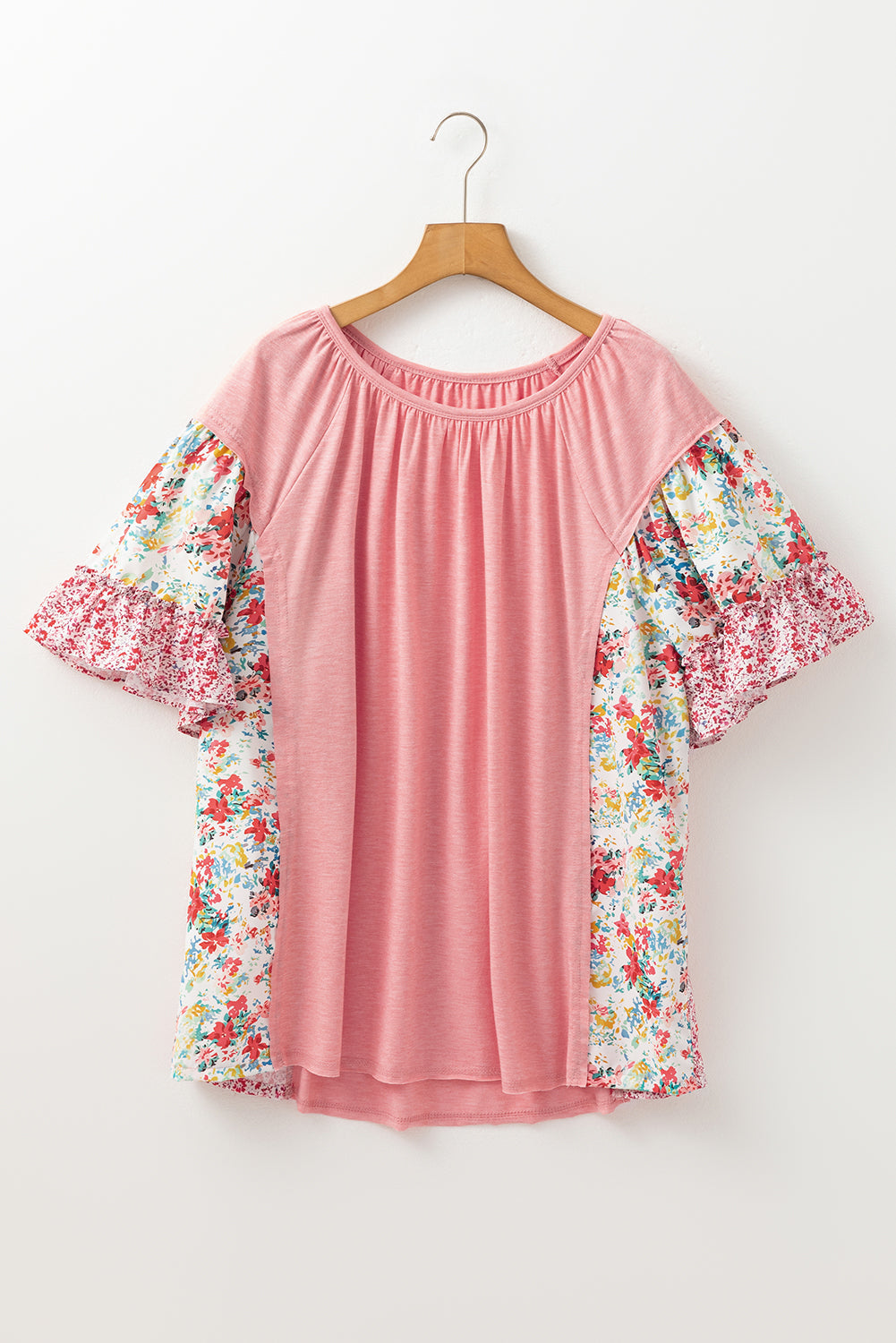 Pink Plus Size Floral Patchwork Ruffled Short Sleeve Blouse BB Fashion Outlet