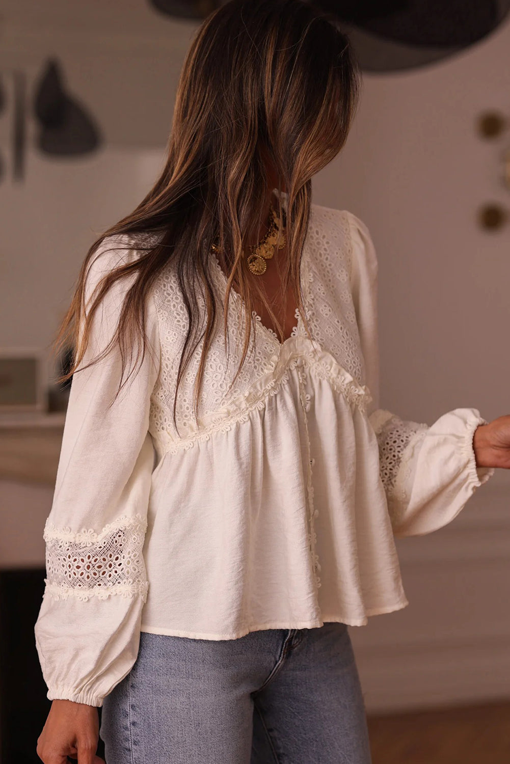 Floral Guipure Lace Patchwork Frilled Long Sleeve Blouse