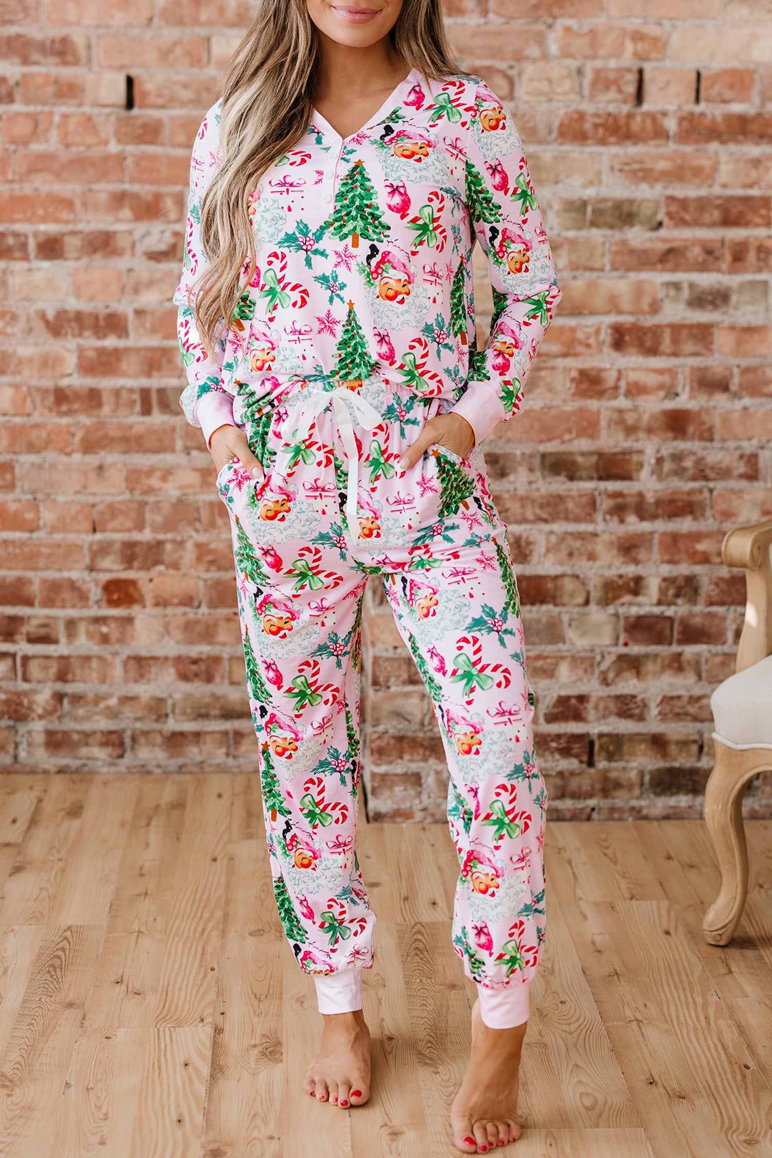 White Christmas Pattern Button V-Neck Pyjamas