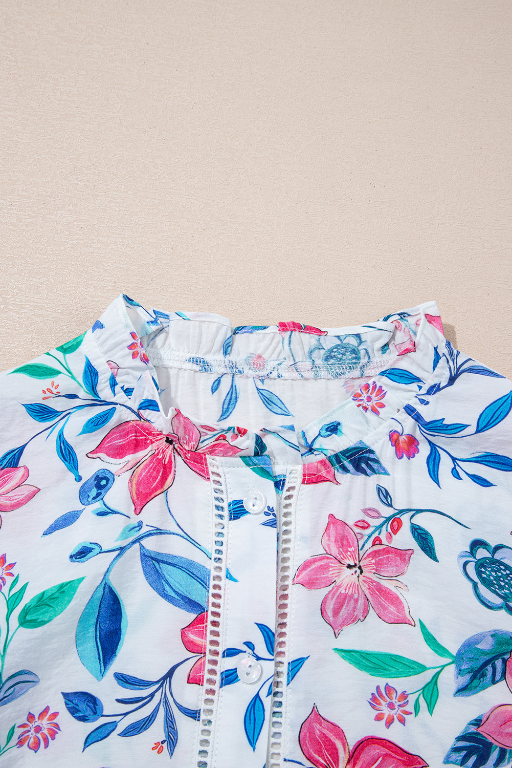 Pink Floral Print Lace Detail Button-up Long Sleeve Shirt - eAura