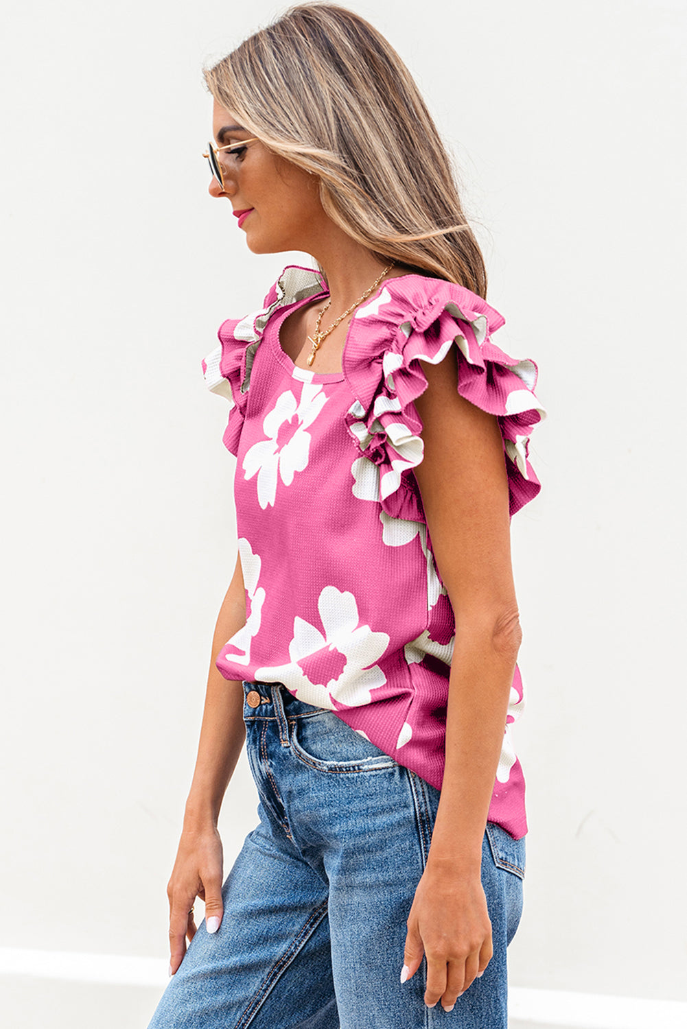 Floral Textured Ruffled Short Sleeve Square Neck Blouse eAura