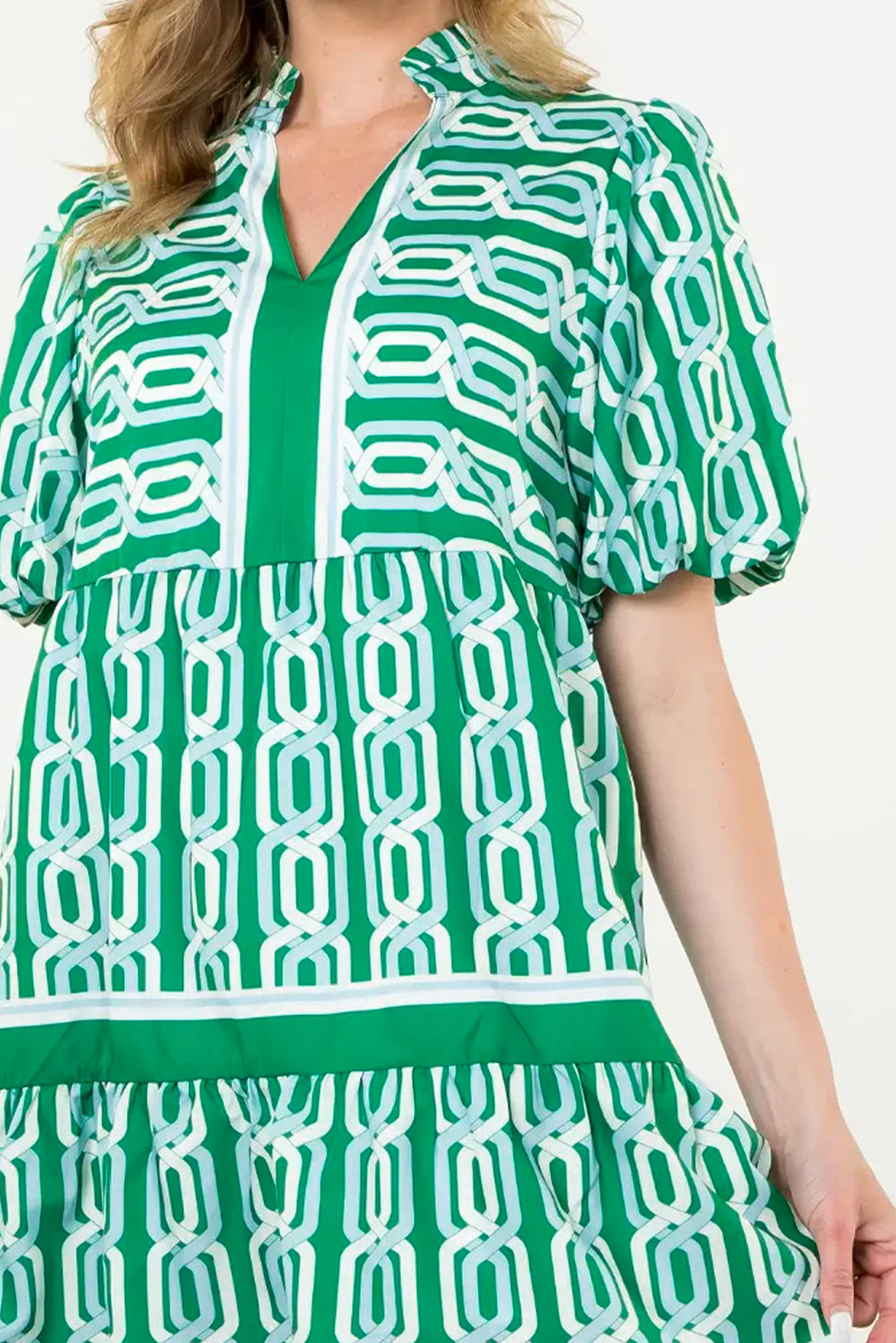 Bright Green Abstract Patterned V Neck Puff Short Sleeve Mini Dress eAura