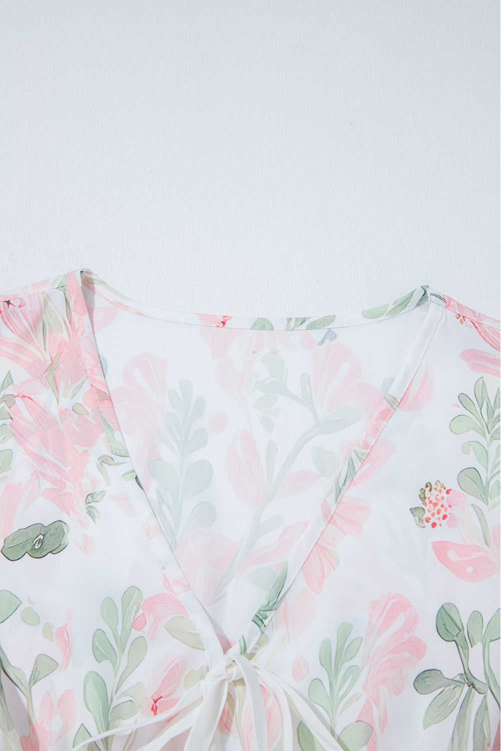Pink Floral Puff Sleeve V Neck Tied Front Peplum Blouse eAura