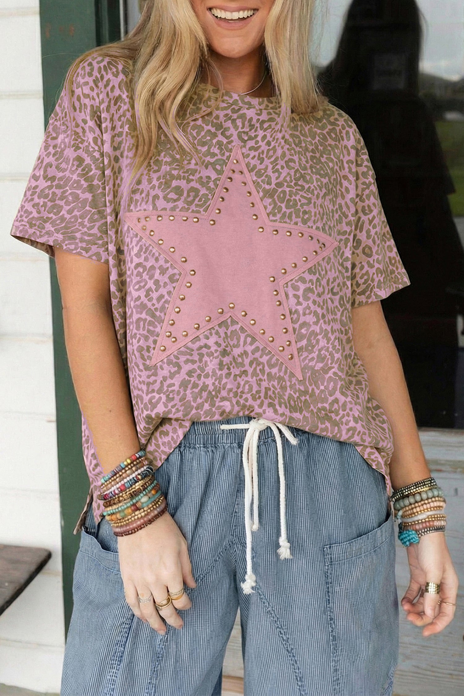 Leopard Print Studded Star Patch Loose Tee – Khaki & Pink