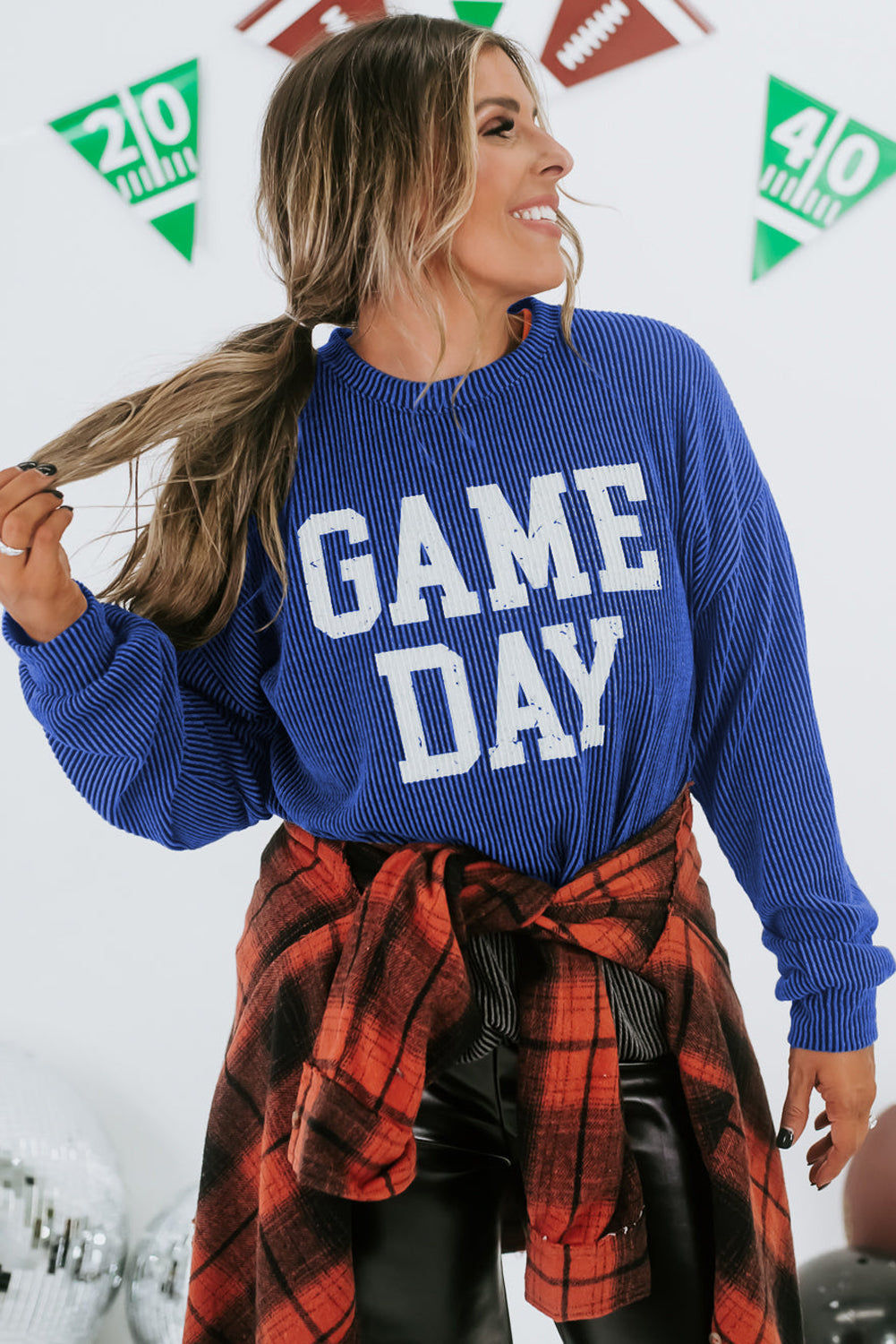 Bluing Ribbed GAME DAY Graphic Long Sleeve Crewneck Top eAura