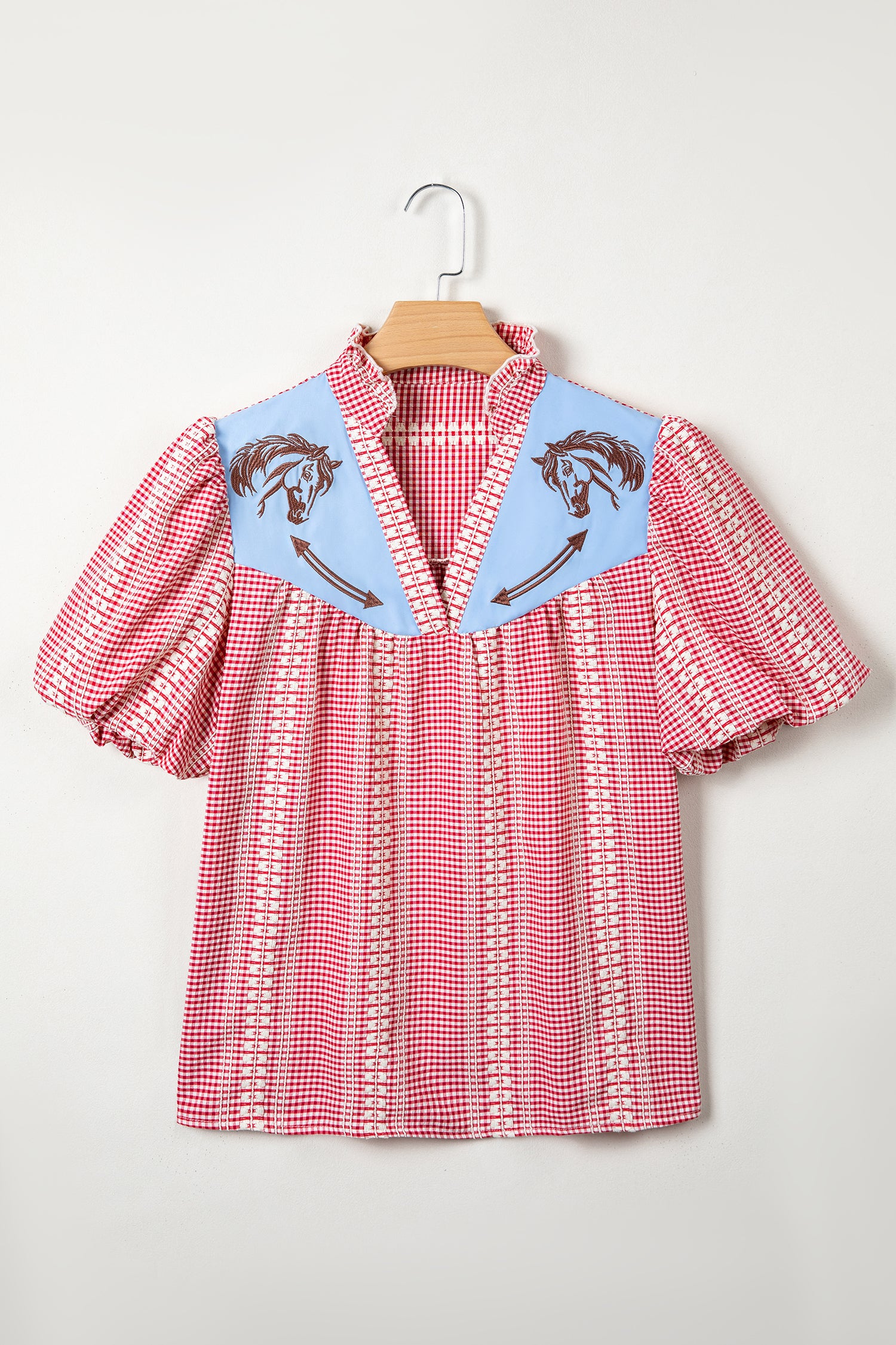 Western Pony Embroidered Yoke Puff Sleeve Gingham Blouse