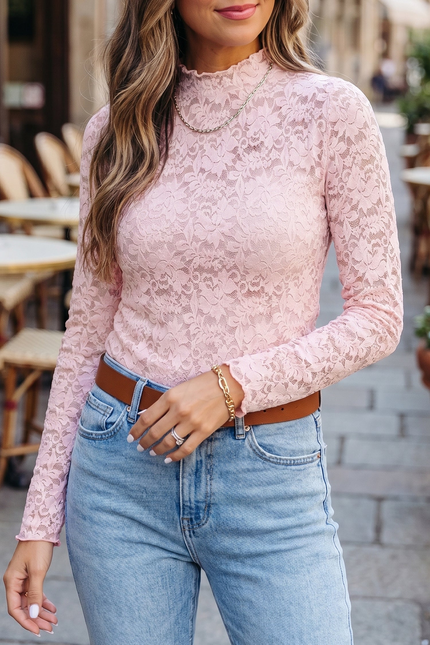 Floral Lace Long Sleeve Stand Neck Pullover Top – Light Pink