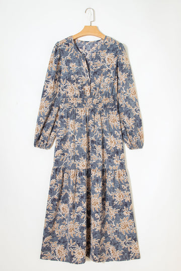 Floral Print Smocked Long Sleeve Maxi Dress - Dresses/Maxi Dresses