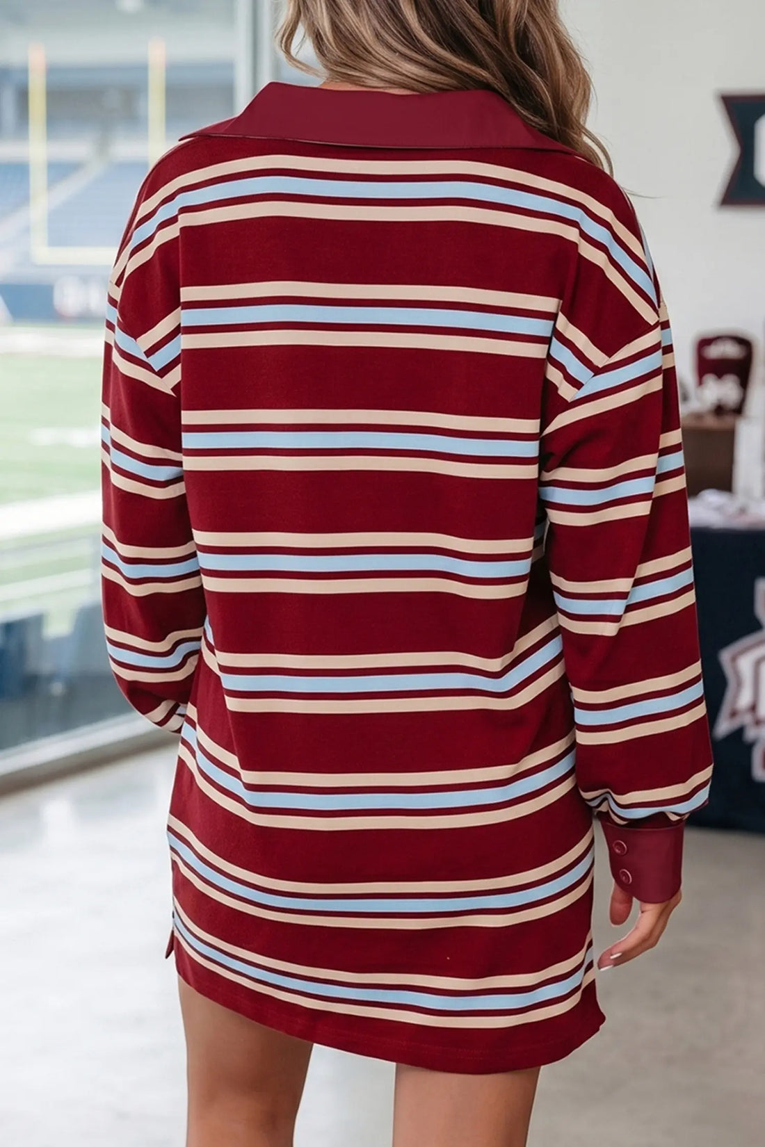 Retro Polo Collar Long Sleeve T Shirt Shift Mini Dress – Red Stripe