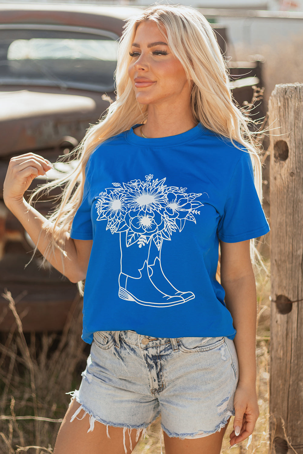 Blue Sunflower Boots Graphic Western Fashion T Shirt eAura