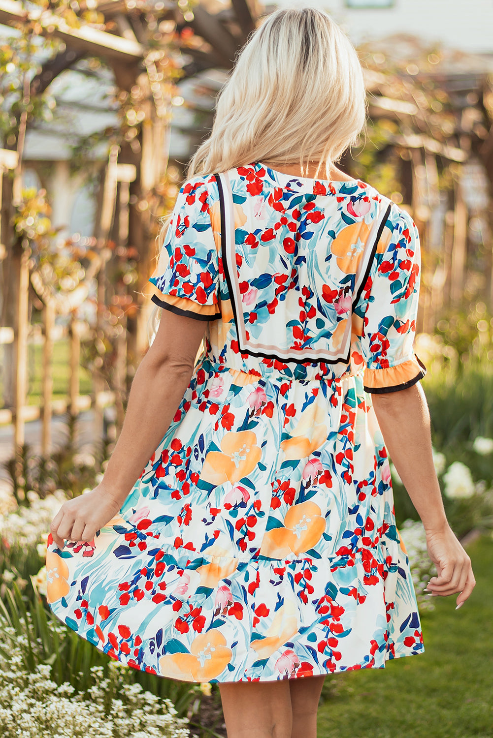 Green Floral Print Zipper Ruffled Short Sleeve Mini Dress eAura