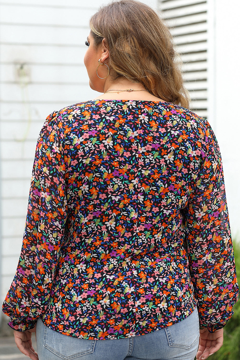 Black Plus Size V Neck Bubble Sleeve Floral Blouse BB Fashion Outlet