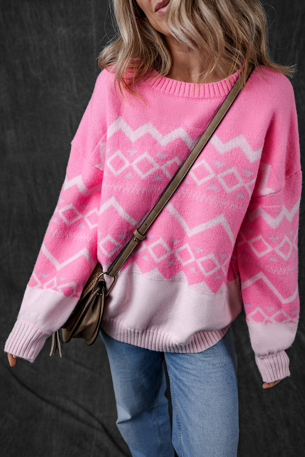 Pink Western Aztec Geometric Drop Shoulder Sweater eAura