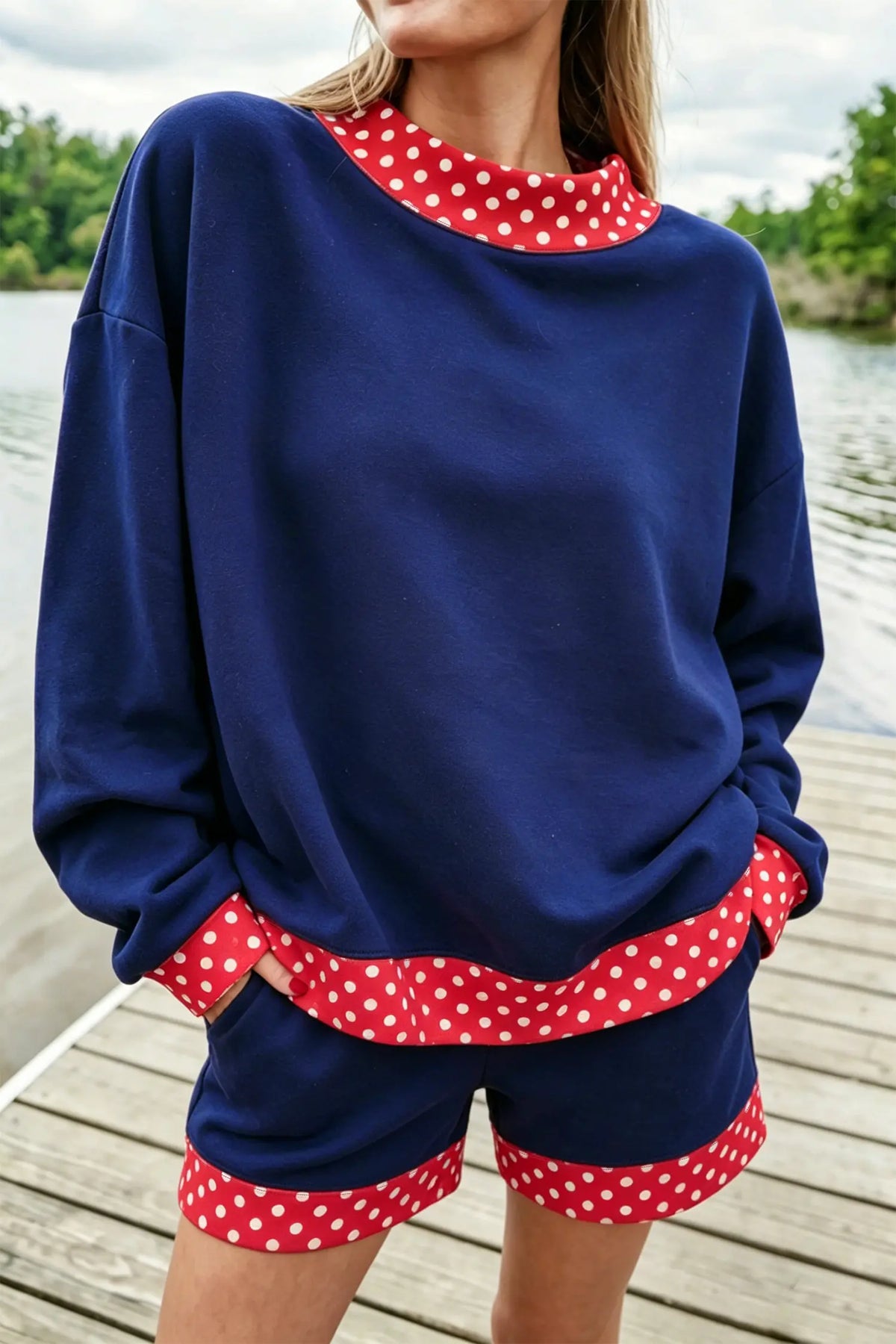 Gingham Trim Baggy Pullover 2pcs Short Set – Fiery Red