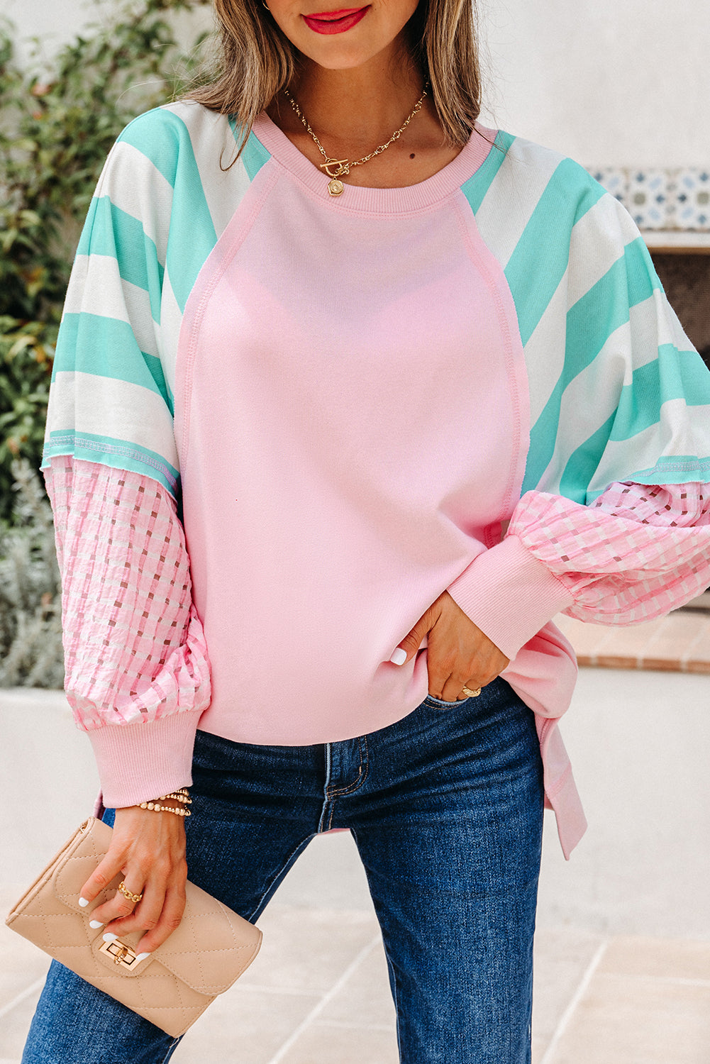 Striped Patchwork Raglan Pullover Top with Slits - eAura