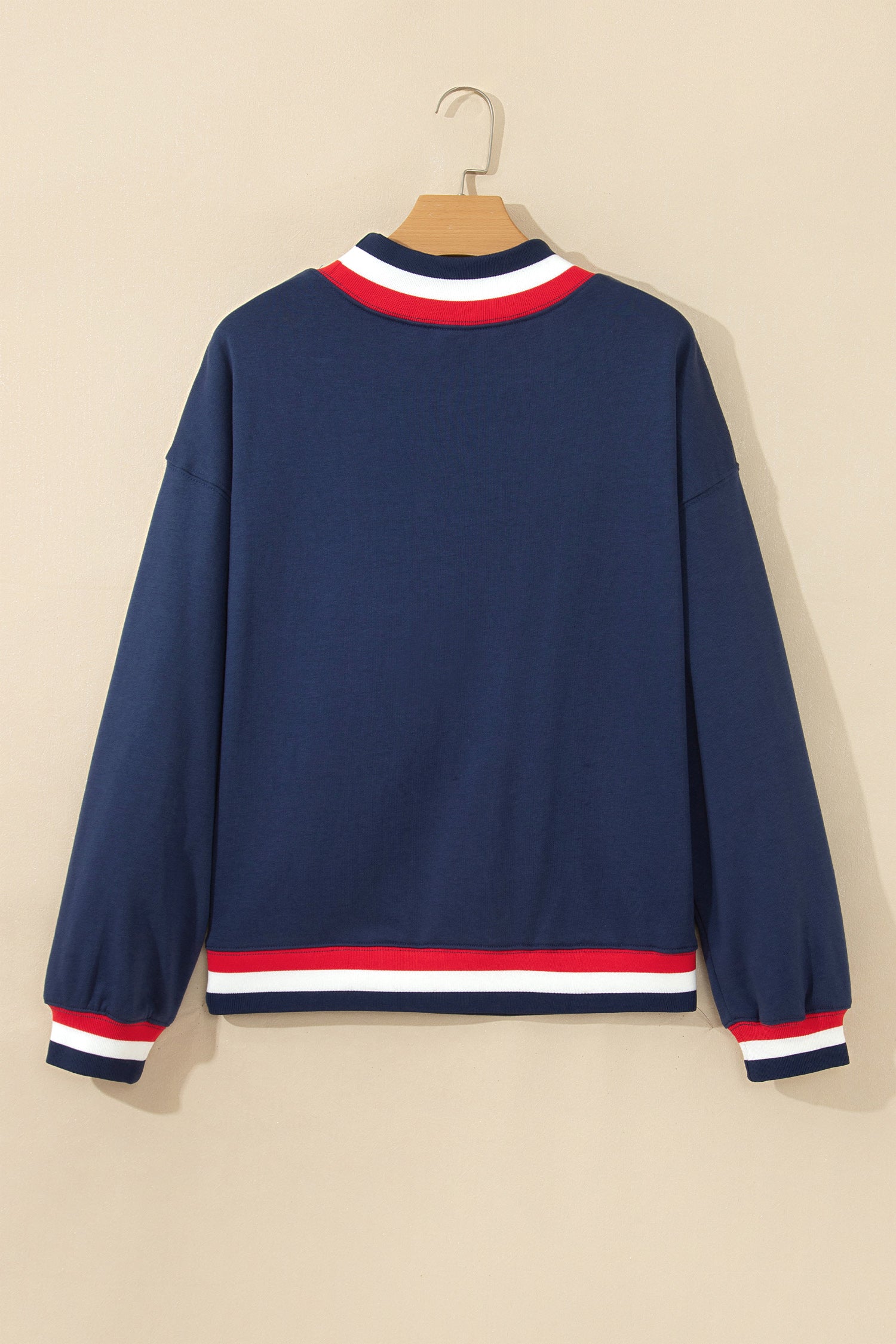 USA Slogan Patch Embroidery Colorblock High Neck Long Sleeve Sweatshirt – Dirty Blue
