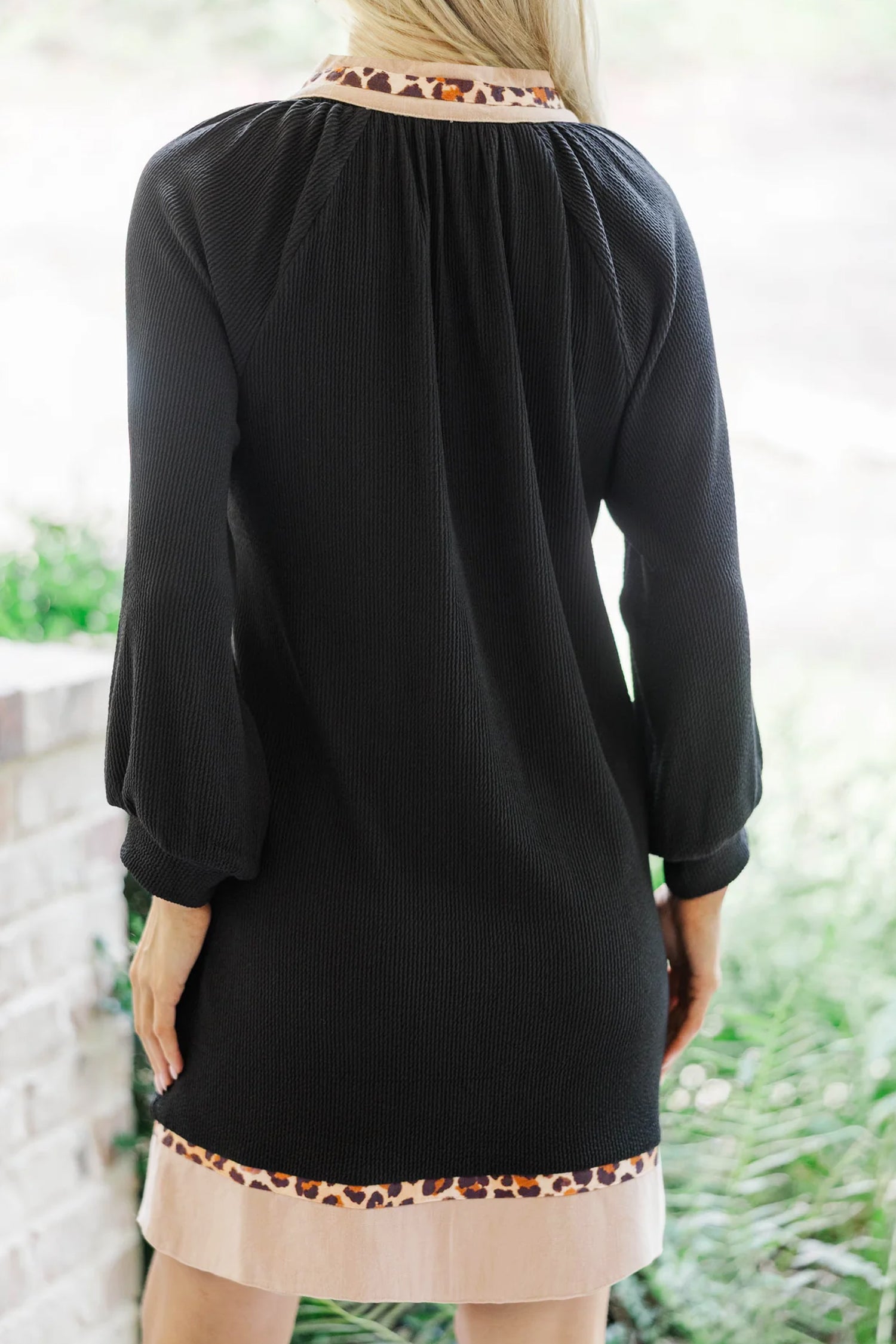 Black Contrast Leopard Trim Plus Size Ribbed Dress - Size/Plus Dresses