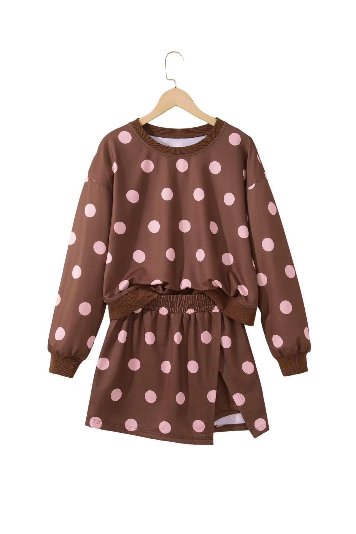 Polka Dot Two Piece Set Long Sleeve Casual Skirt Set – Pink