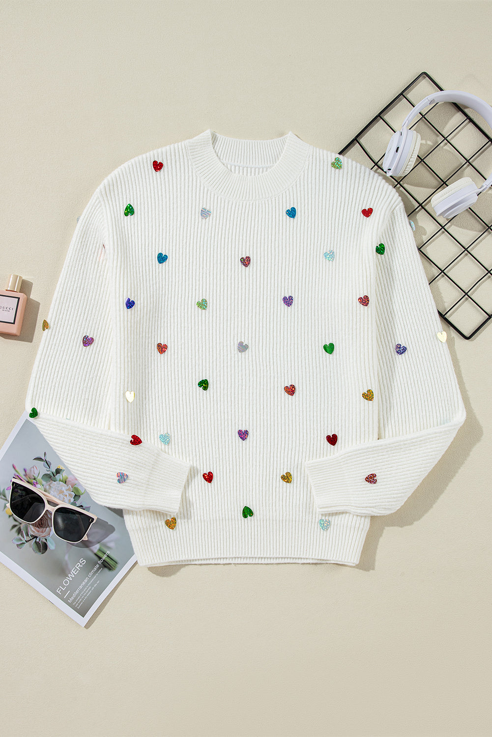 Beige Sequin Heart Shape Waffle Knit Round Neck Sweater eAura