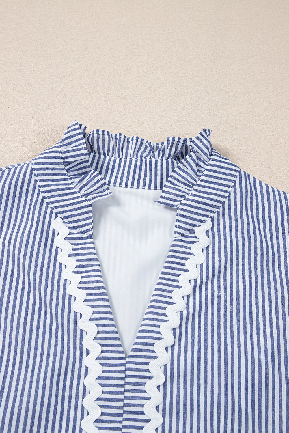 Blue Stripe Sleeveless Notched V Neck Contrast Ric Rac Mini Dress eAura