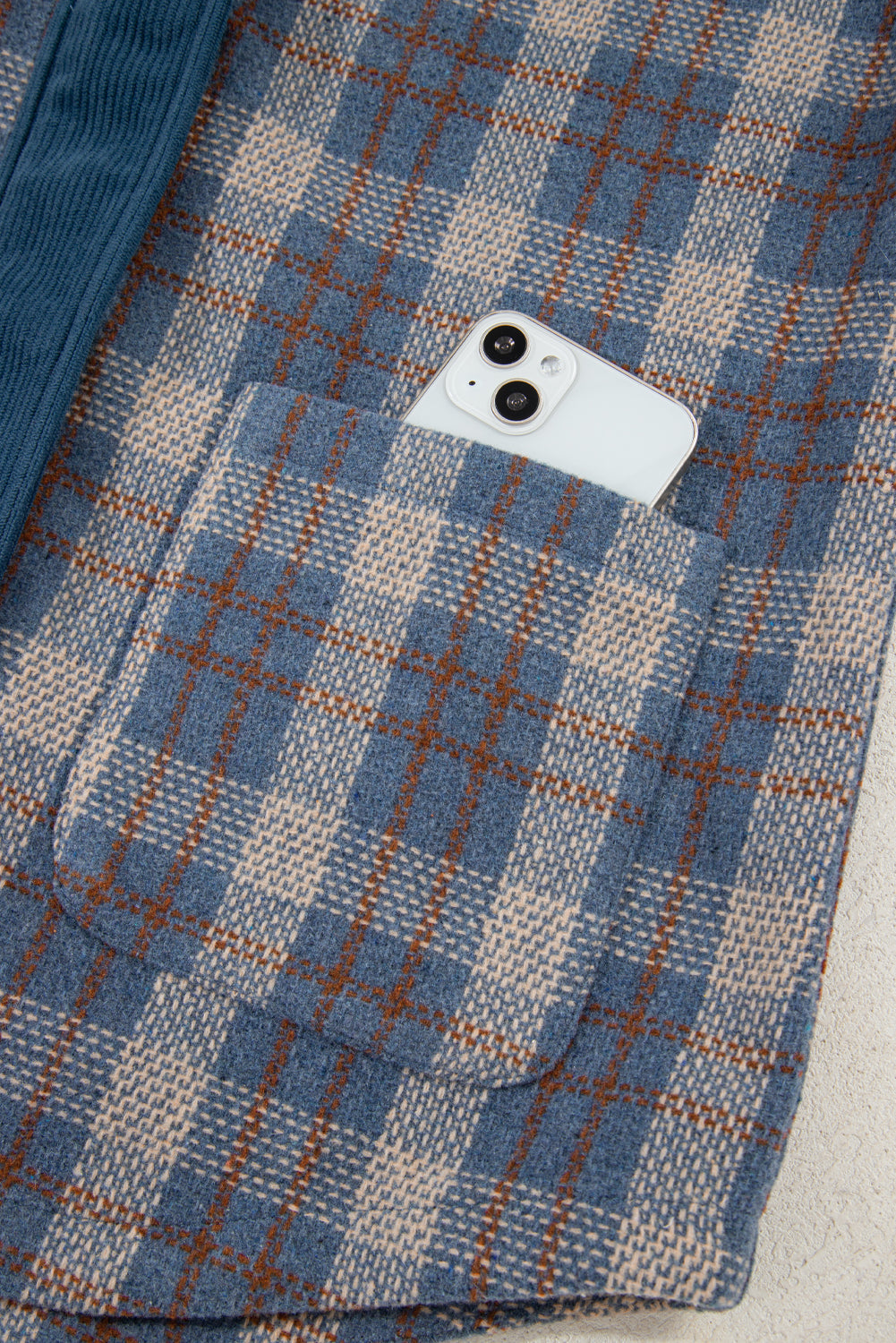 Plaid Soft Corduroy Patchwork Collared Zip-Up Snap Button Jacket - eAura