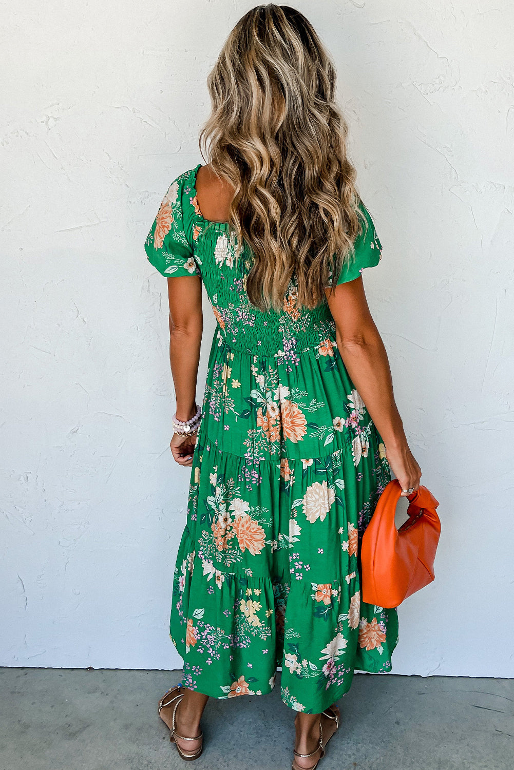 Green Floral Print Bubble Sleeve Smocked Tiered Midi Dress eAura
