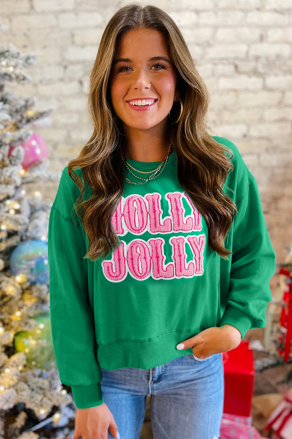 HOLLY JOLLY Towel Embroidered Christmas Holiday Sweatshirt - eAura