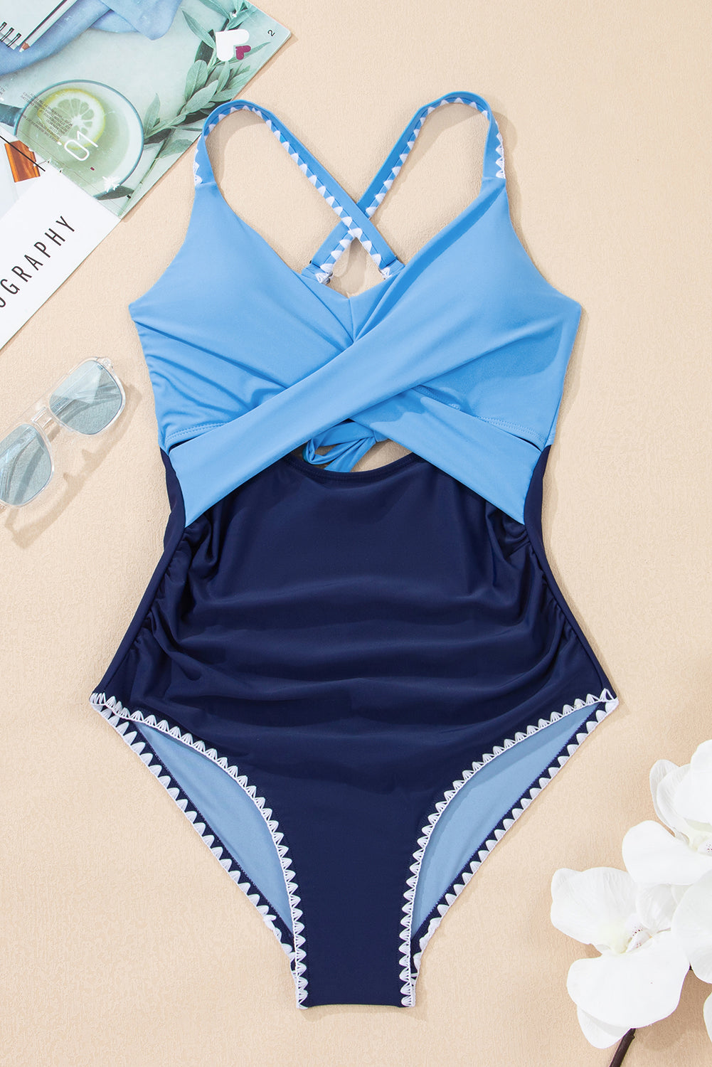 Beau Blue Ric Rac Trim Contrasted Patchwork Cutout One Piece Swimsuit eAura