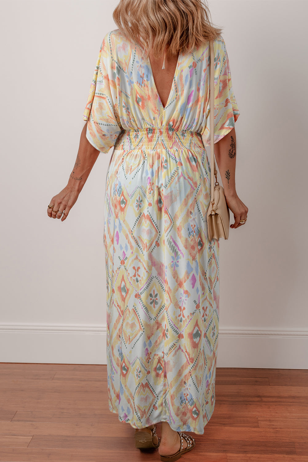 Multicolour Geometric Print Half Sleeve Shirred Maxi Dress BB Fashion Outlet