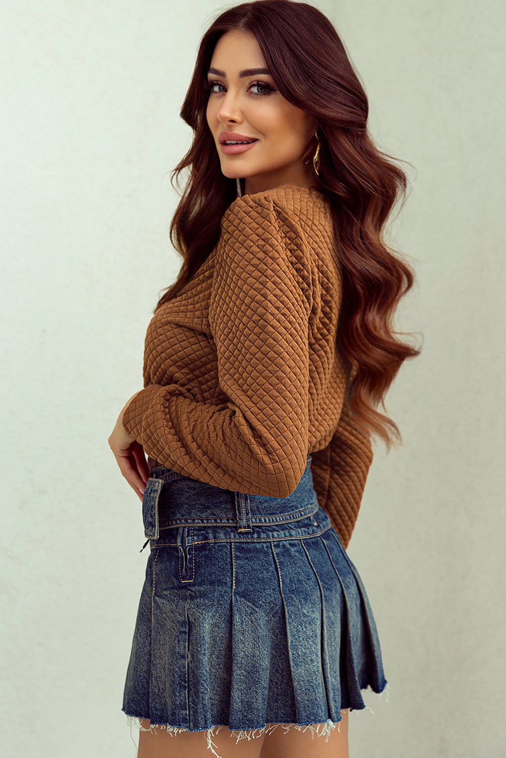 Brown Solid Colour Quilted Puff Sleeve Pullover Sweatshirt eAura