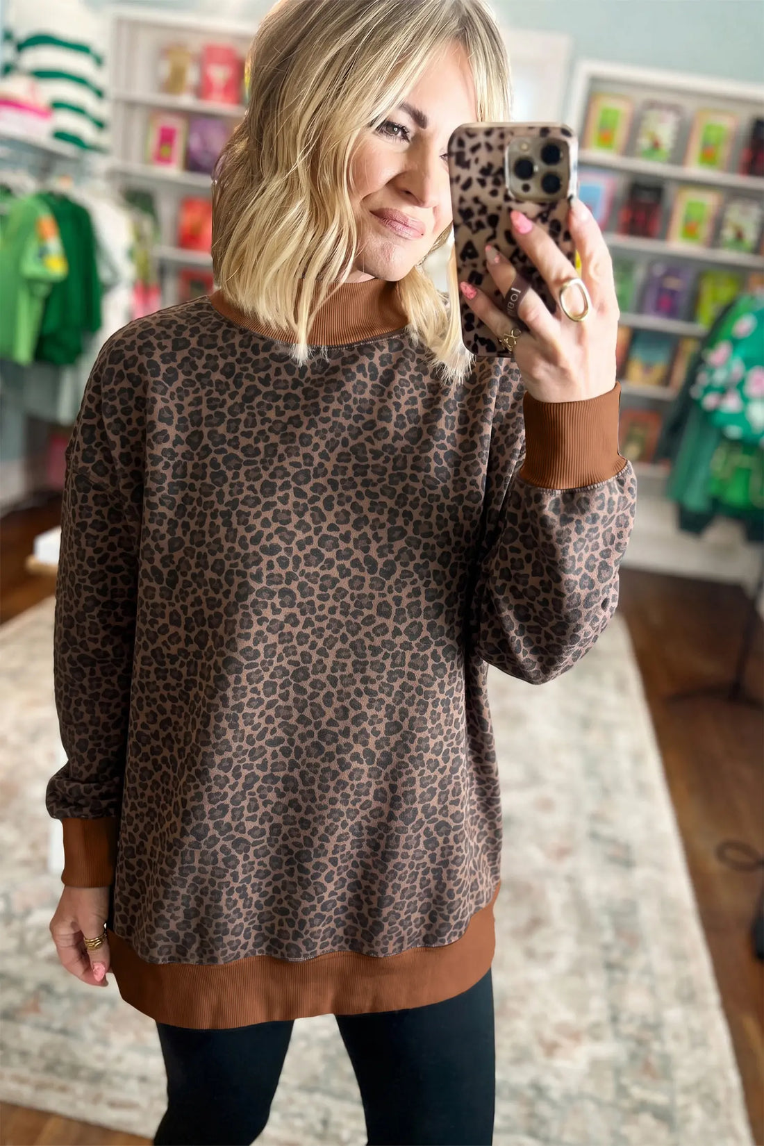Leopard Print High Neck Long Sleeve Ribbed Cuffs Hem Sweatshirt