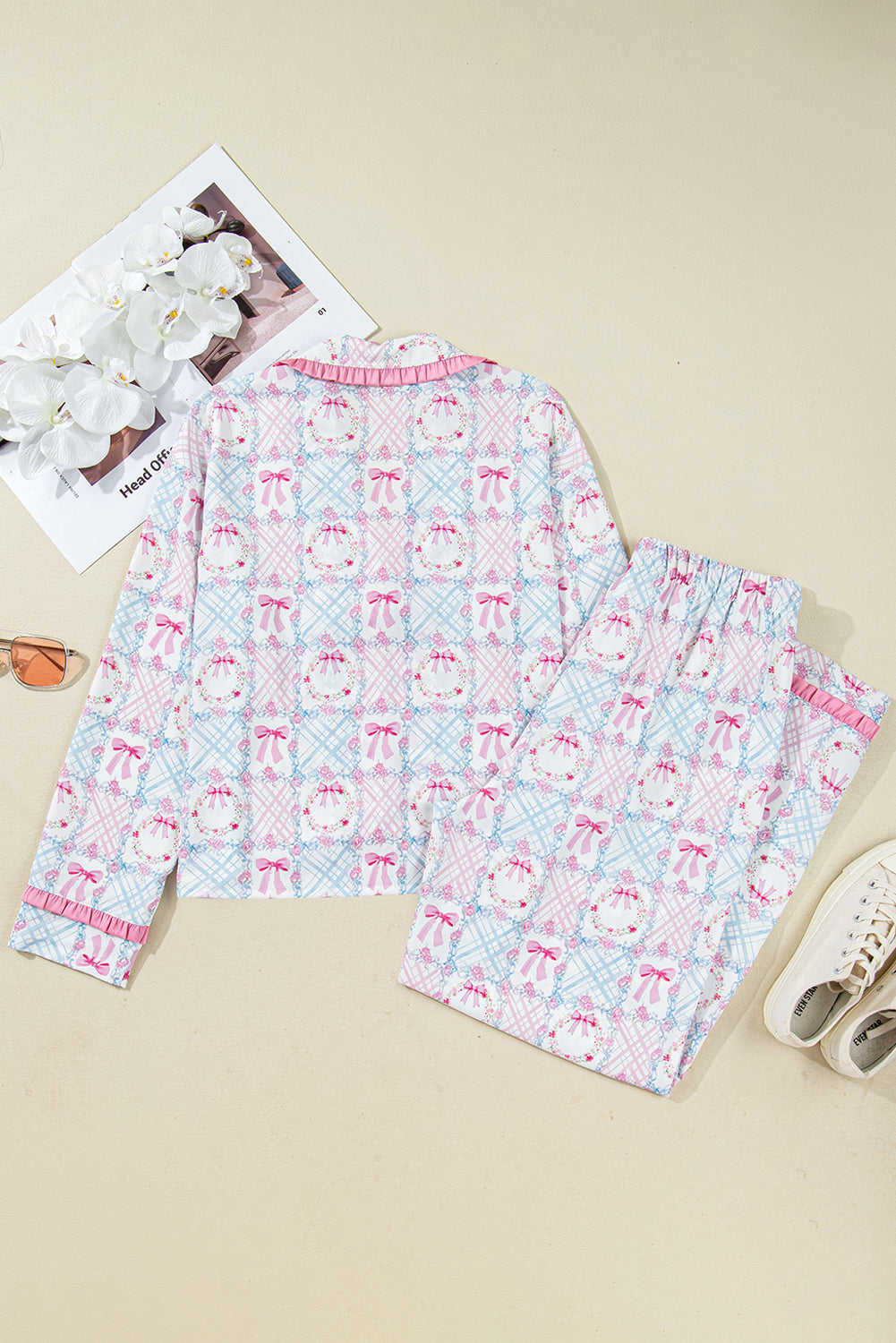 Pink Bow Wreath Pattern Christmas Pyjamas Tied Front Long Sleeve Dear-Lover Dropshipping