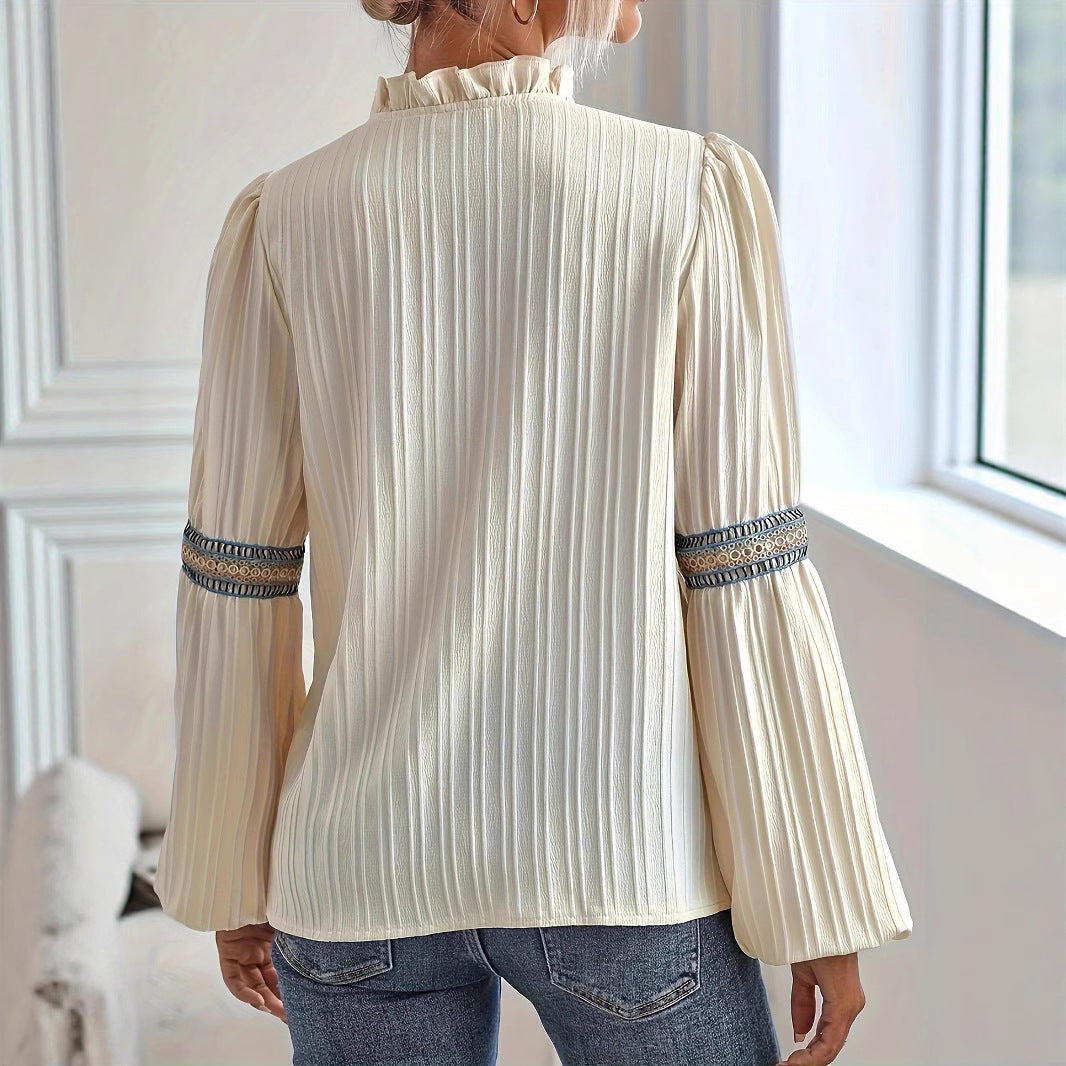 Lace Detail V-Neck Blouse Lantern Sleeve eprolo