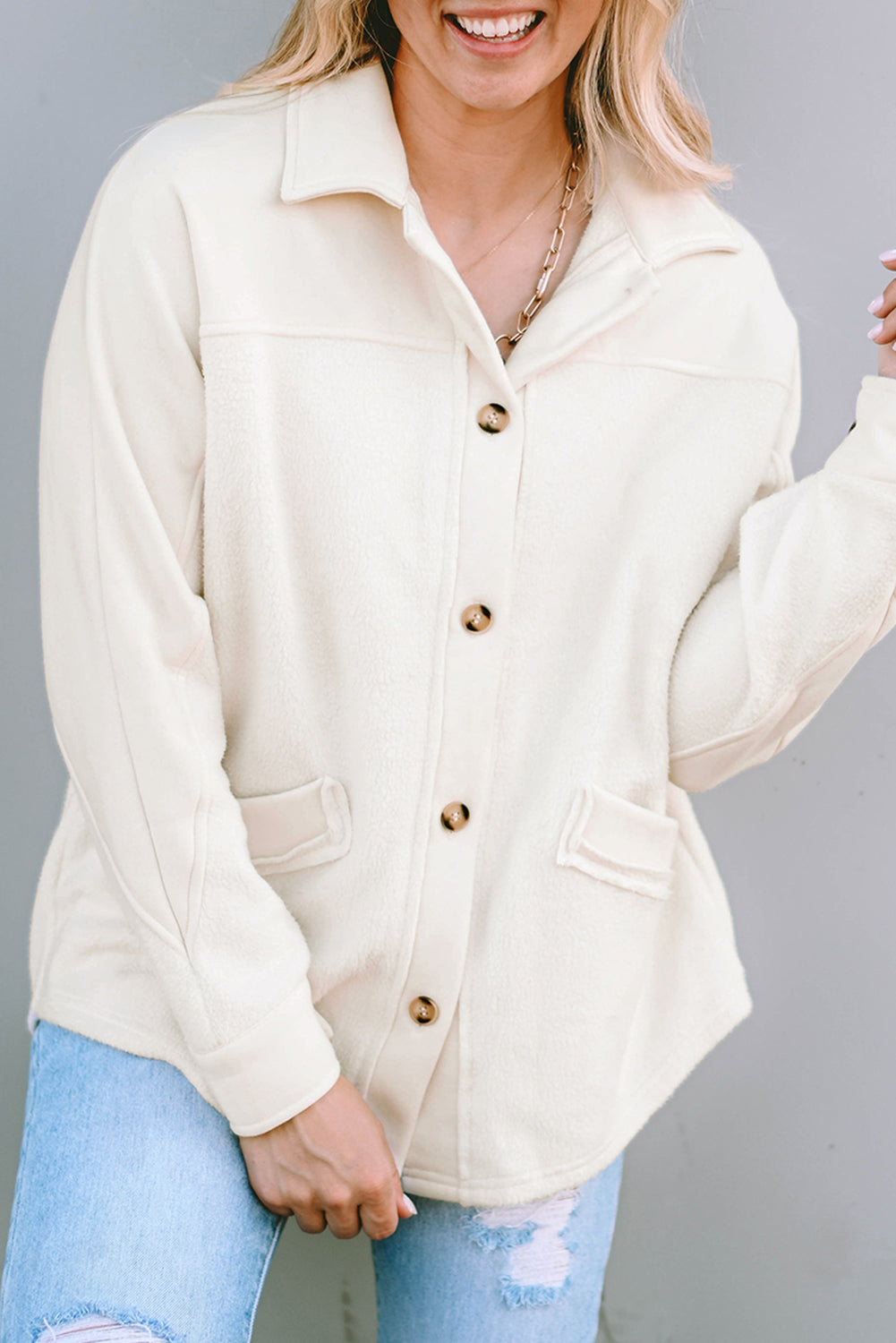 Beige Button-Up Stitching Pocket Raw Hem Shacket eAura