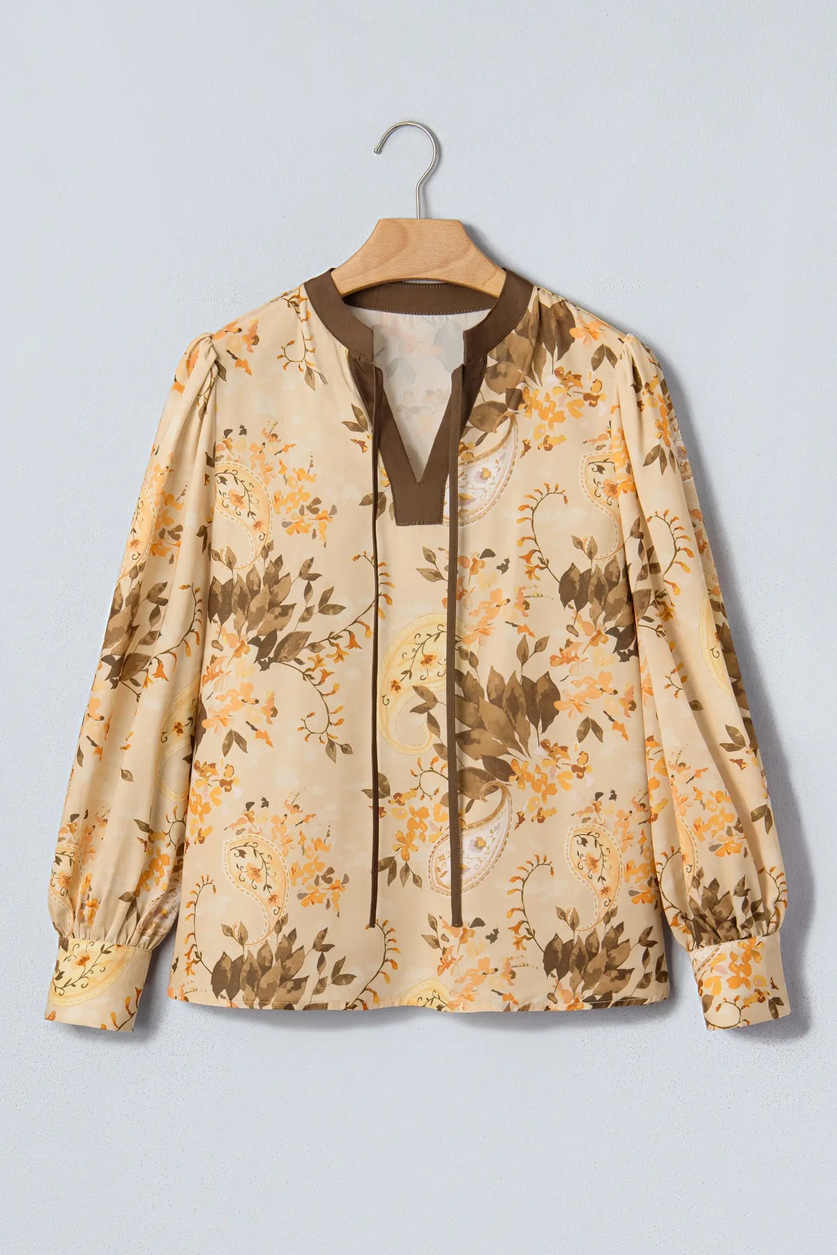 Paisley Print Tie Neck Long Sleeve Blouse – Khaki