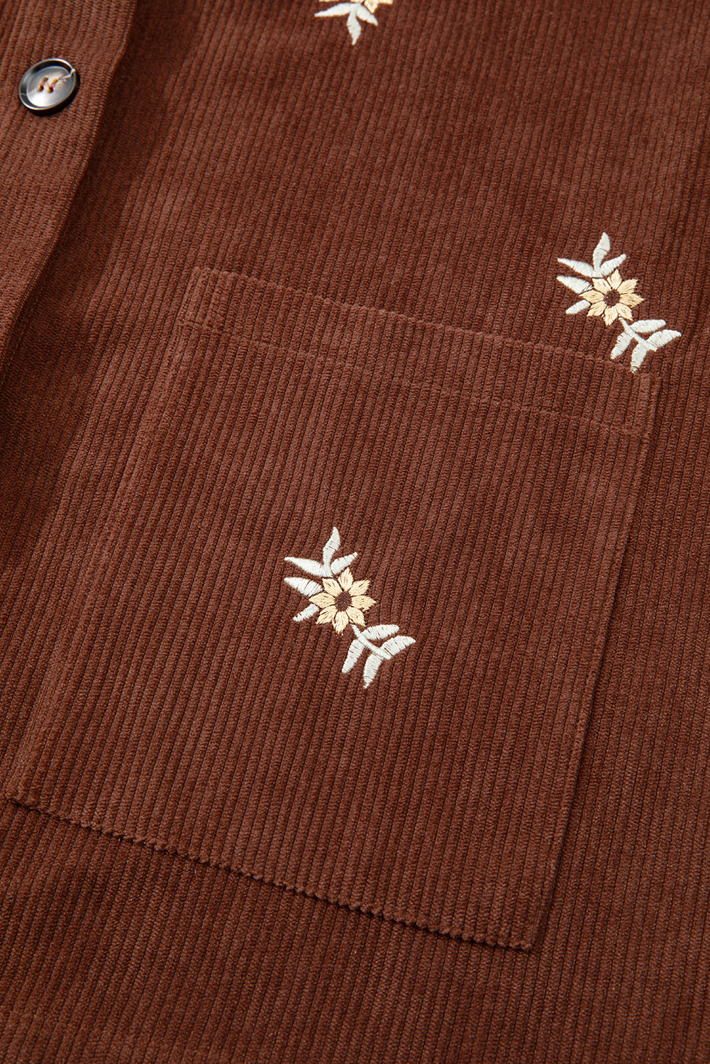 Floral Embroidered Collar Button Front Soft Corduroy Jacket eAura