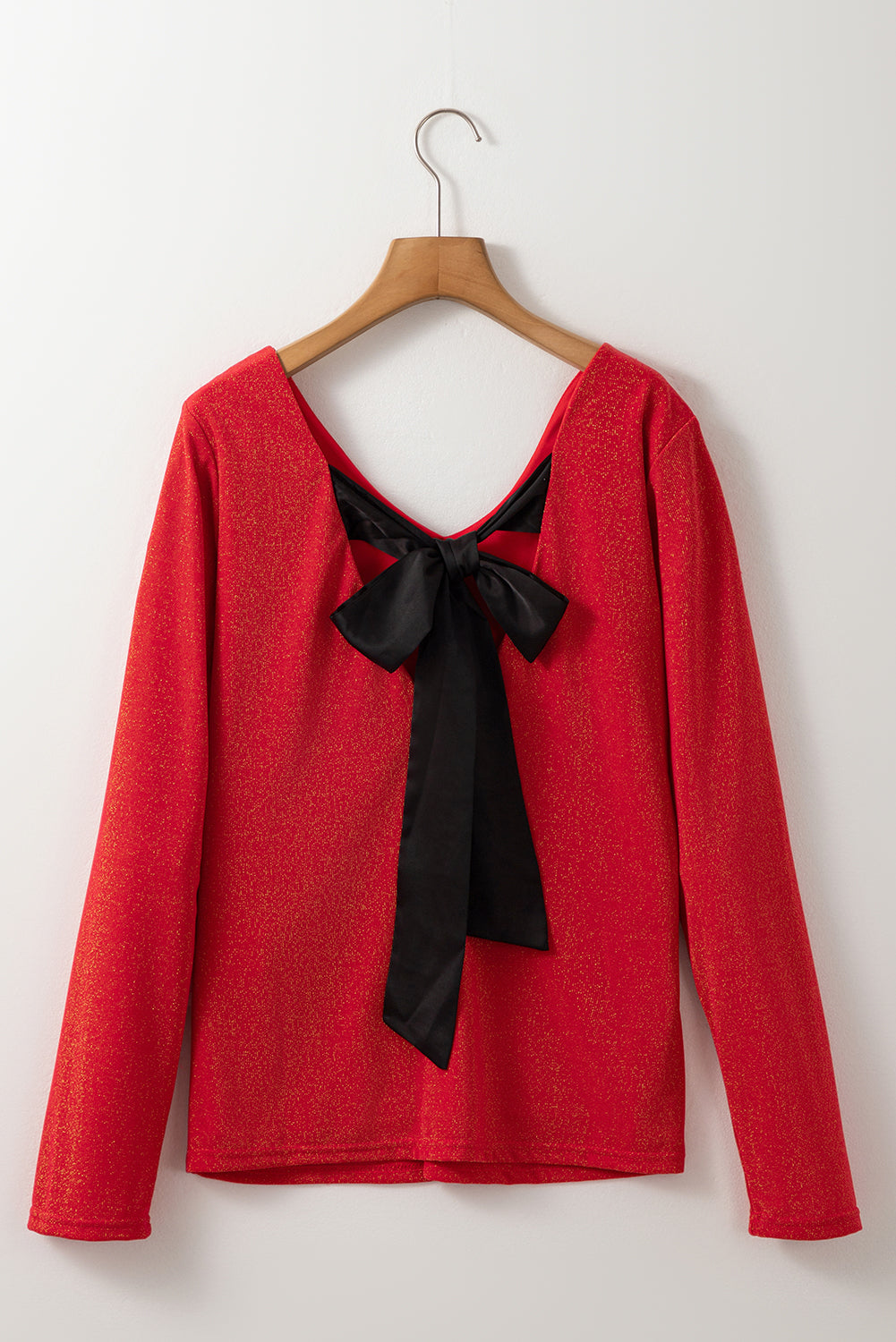Racing Red Metallic Bowknot Open Back V Neck Top eAura