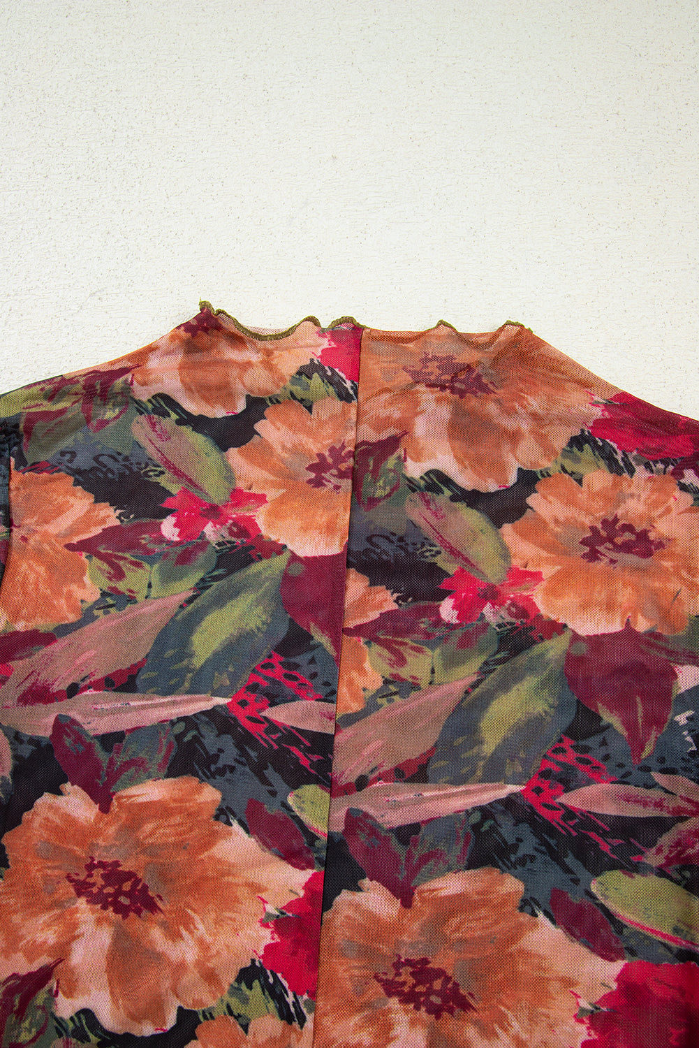 Multicolour Floral Print Lettuce Trim Long Sleeve Mesh Top - eAura