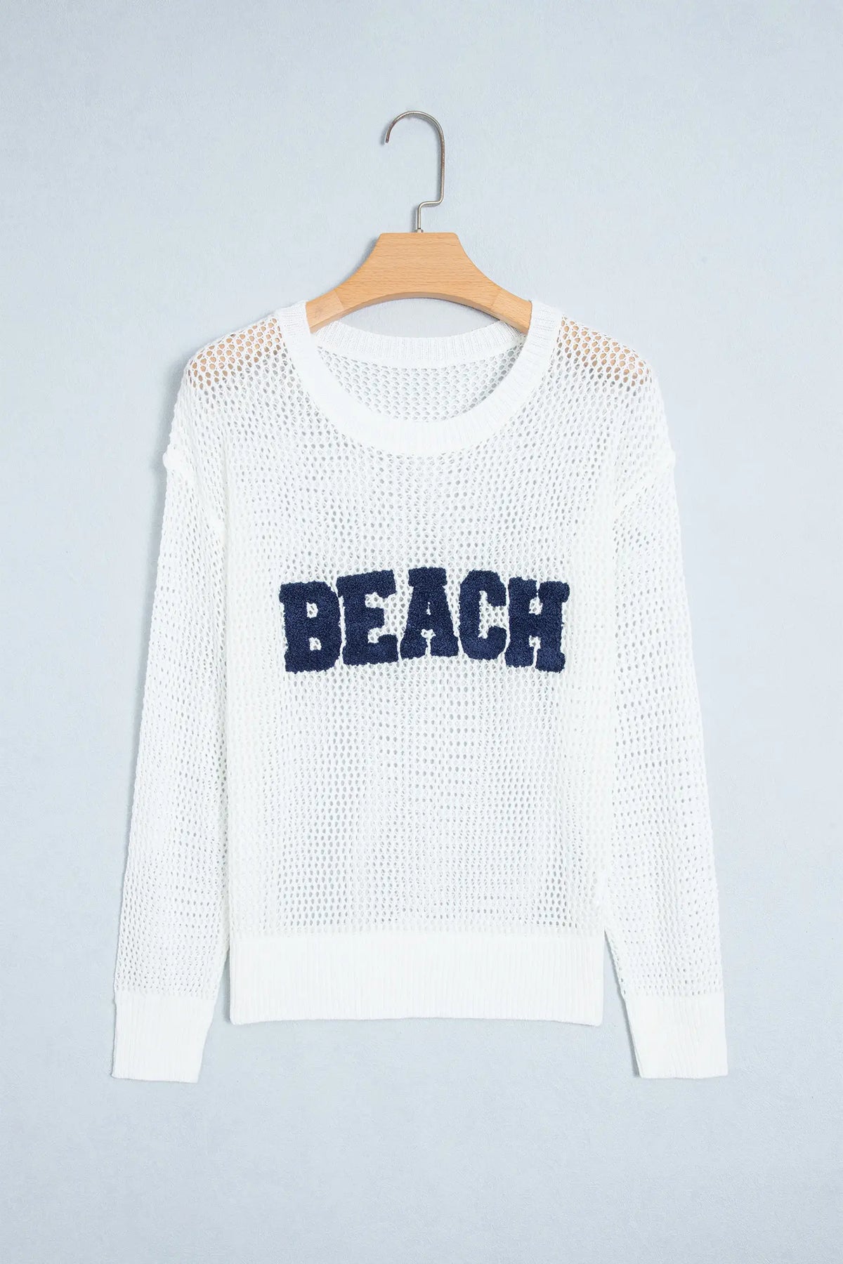 Chenille BEACH Lettering Hollow Out Knit Casual Sweater – White
