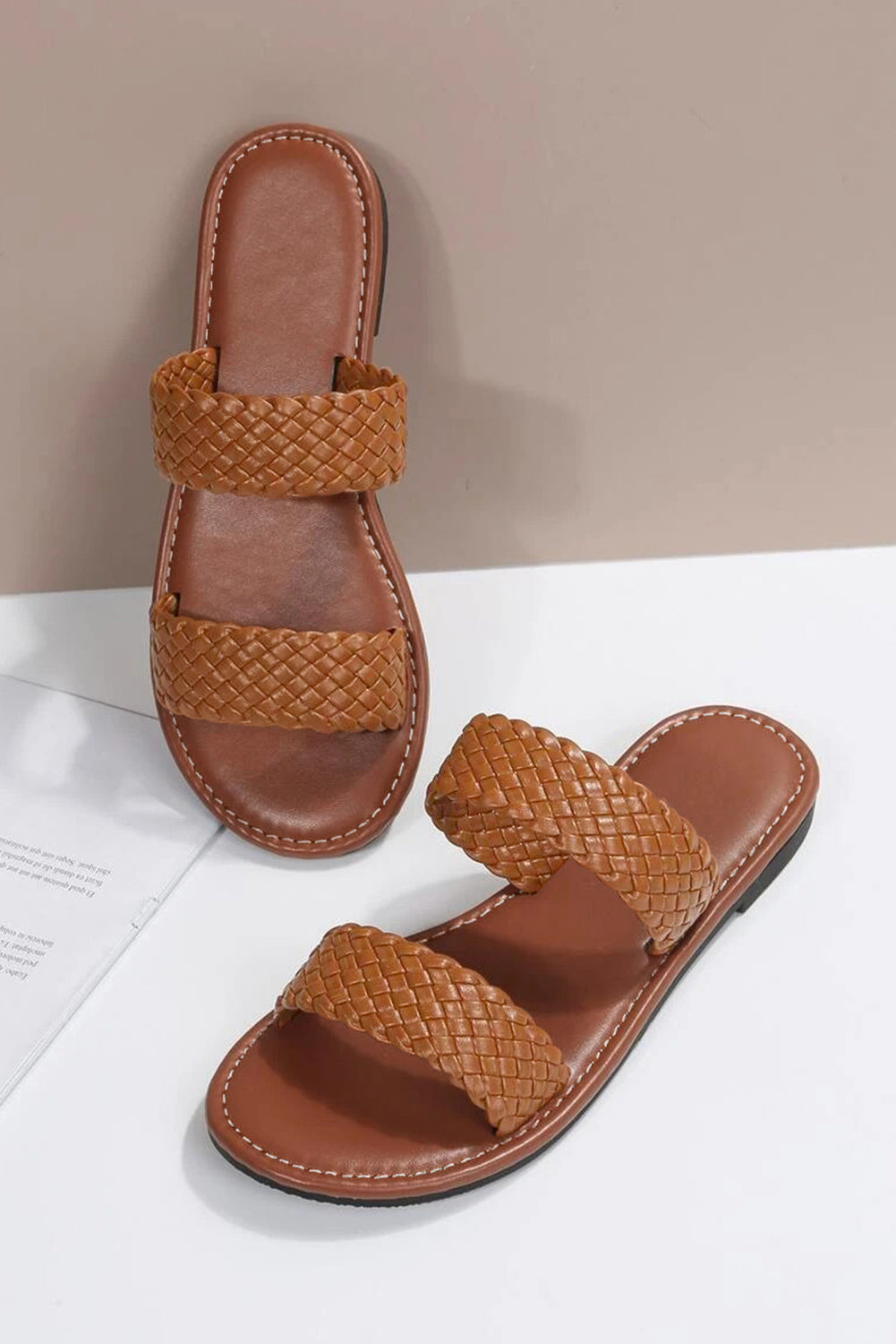 Chestnut Braided Double Band Leathered Flat Sandals Beagle Boutique Fashion Outlet