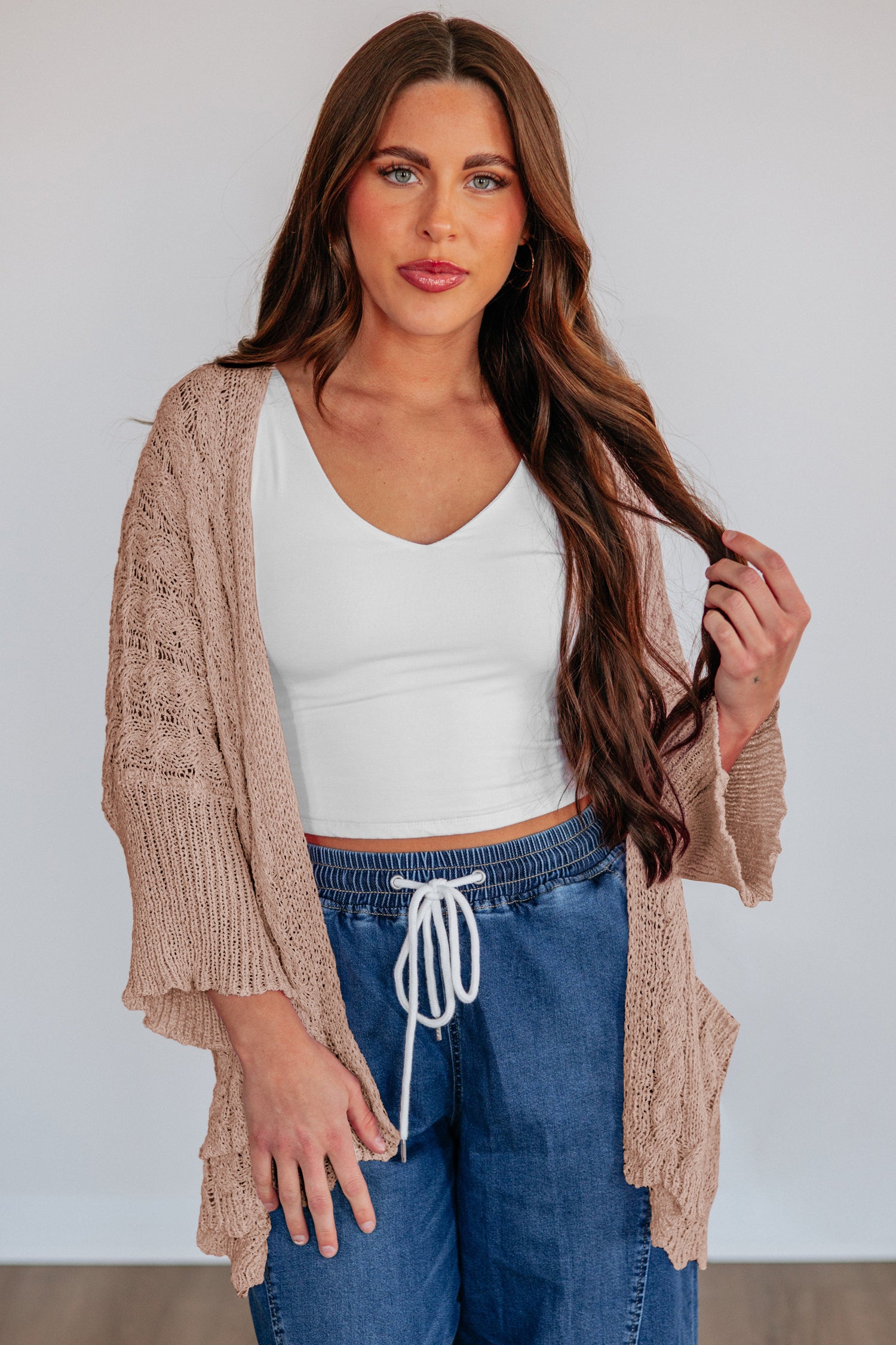 Hollowed Pattern Knit Drop Shoulder Open Sweater Cardigan – Old Rose
