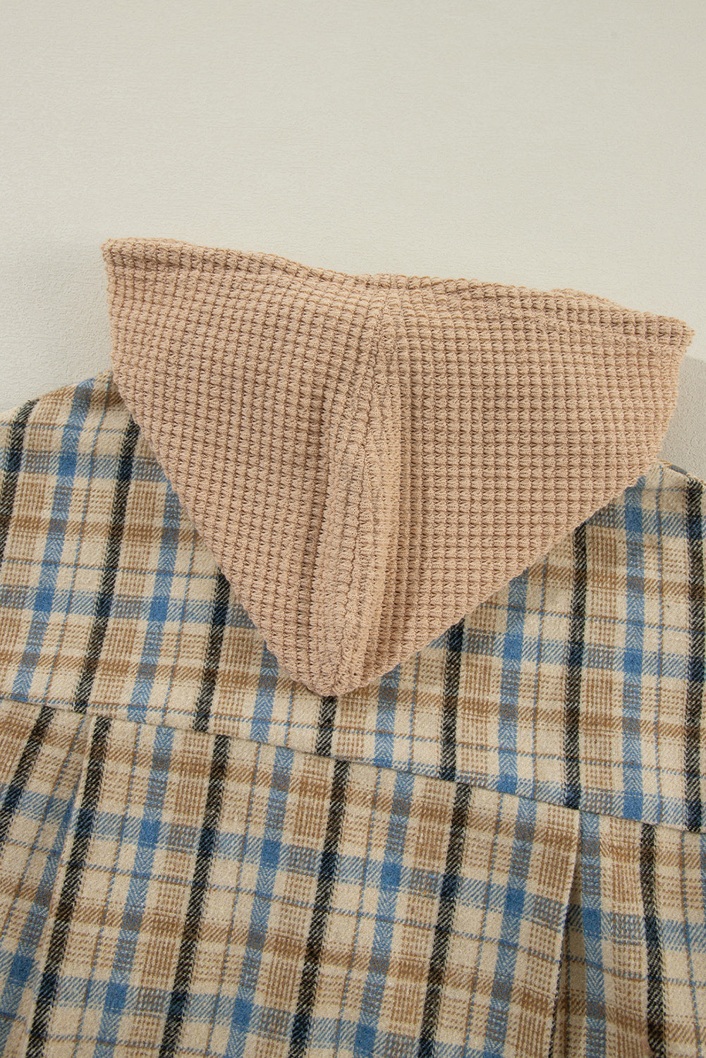 Ashleigh Blue Waffle Knit Patchwork Hooded Plaid Shacket eAura