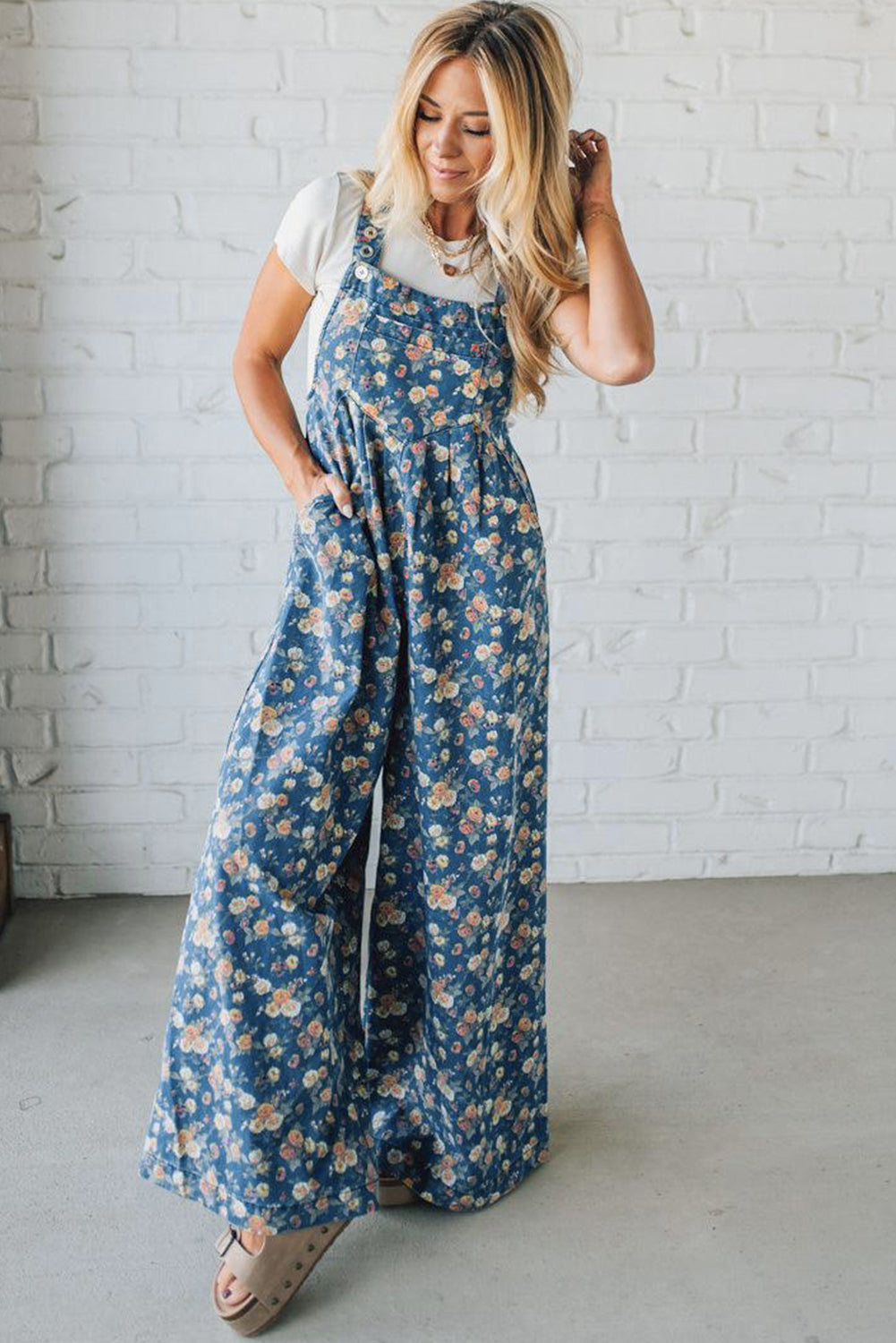 Blue Vintage Rose Printed Pleated Loose Denim Jumpsuit Dungarees