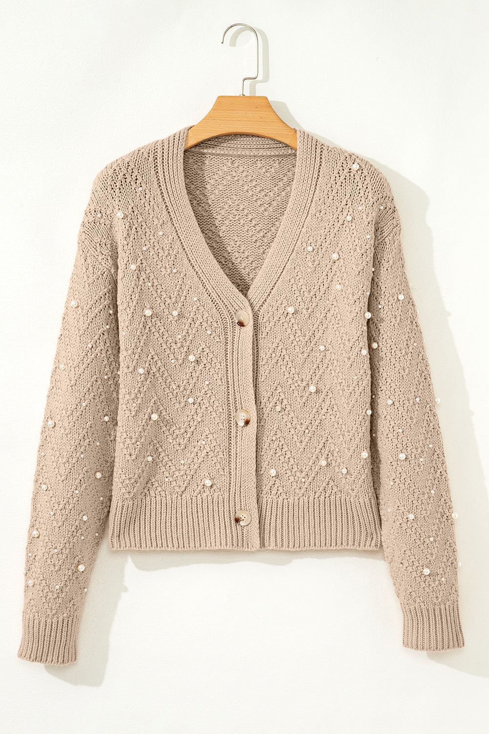 Pearl Embellished Buttoned V-Neck Knit Cardigan