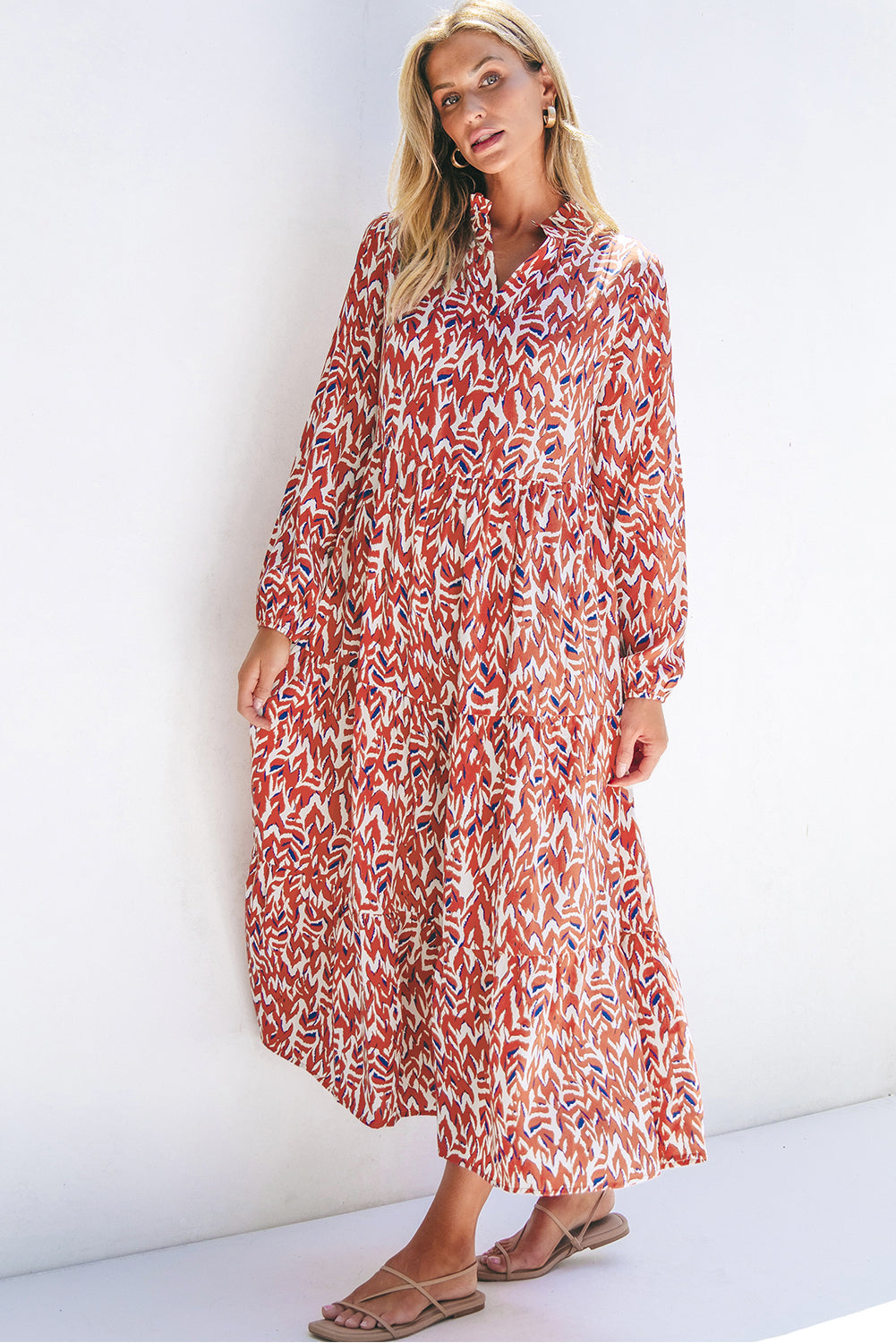Orange Abstract Print V Neck Pleated High Waist Midi Dress eAura